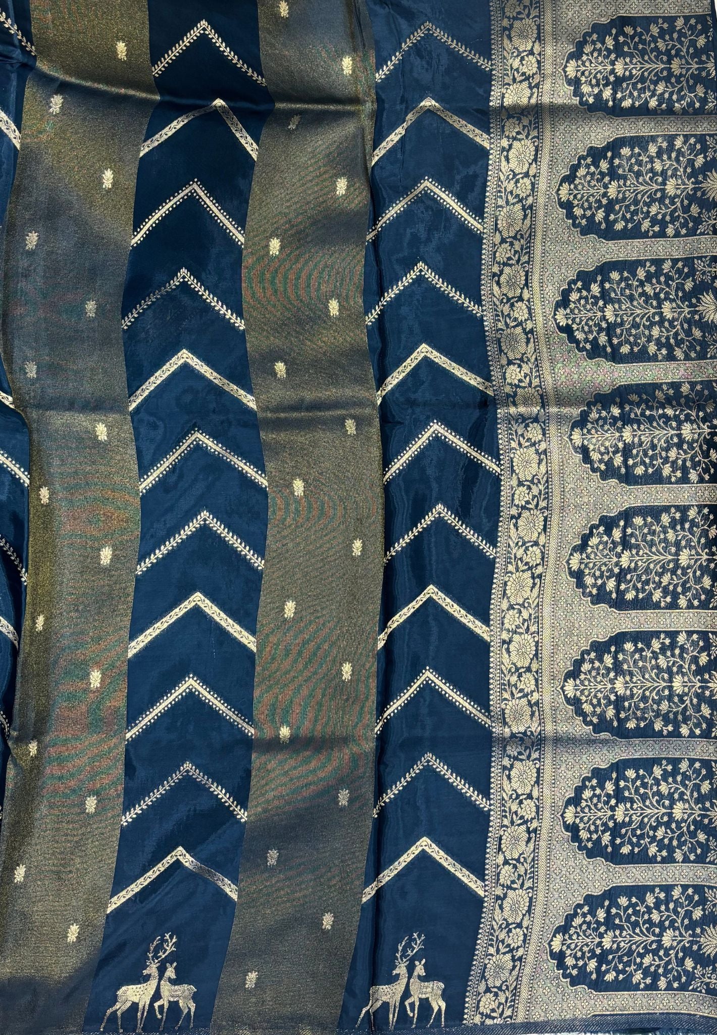 Banarasi Crepe Saree-Peacock Blue In Deer Motif Zari Border
