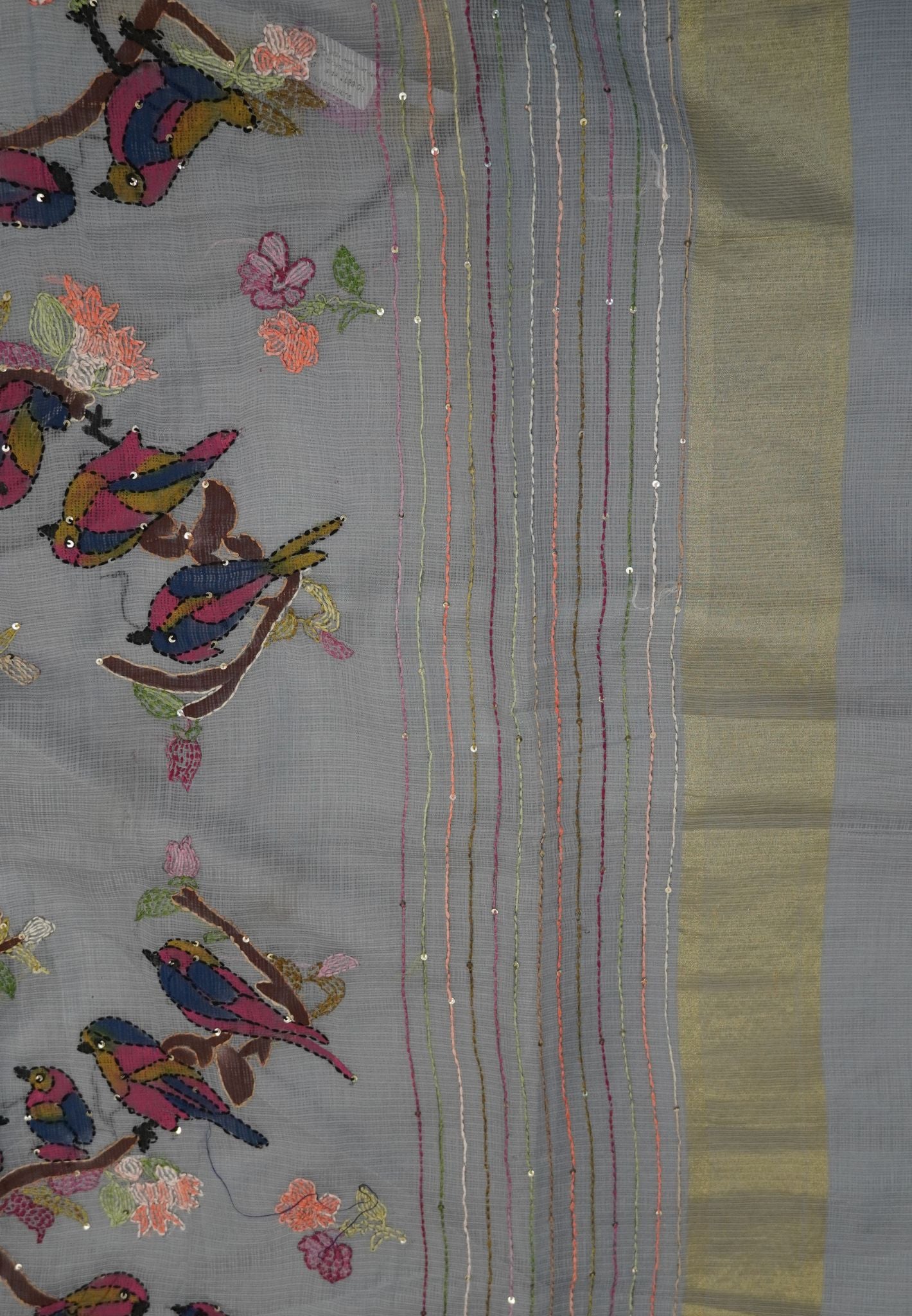 Kota Saree with Bird Embroidery Work - Grey