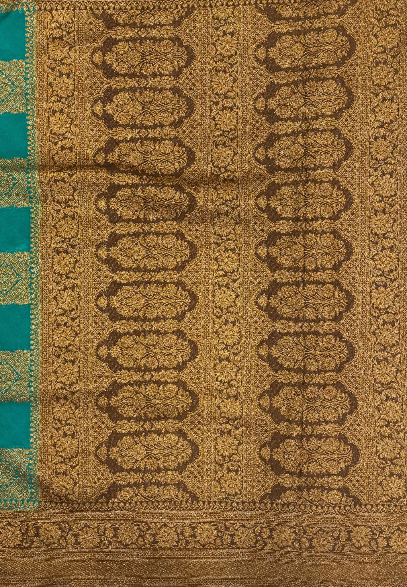 Banarasi Crepe Saree-Ramar Green In Square Check Brocade With Contrast Border