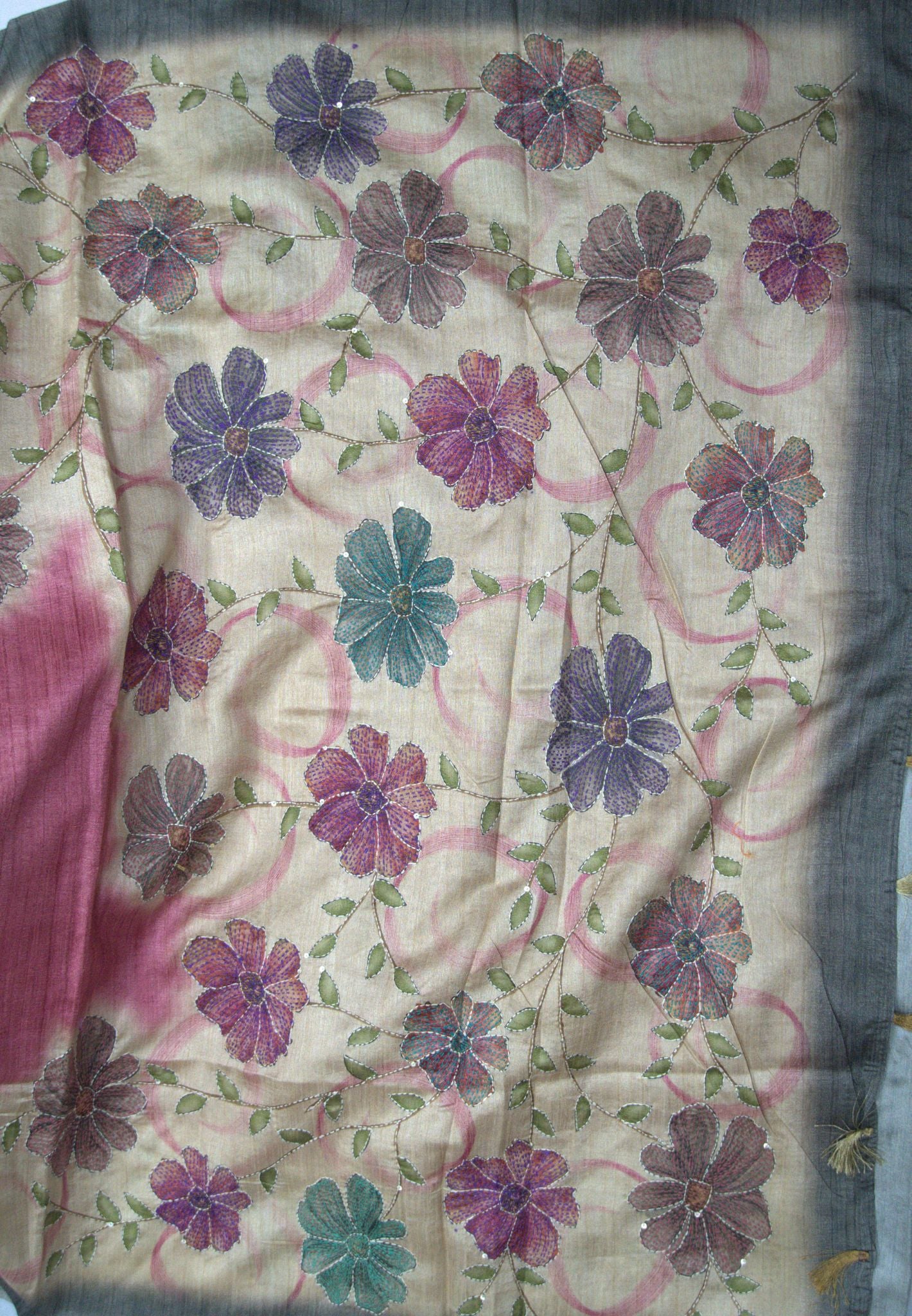 Semi Tussar Saree-Pink with Kantha Work