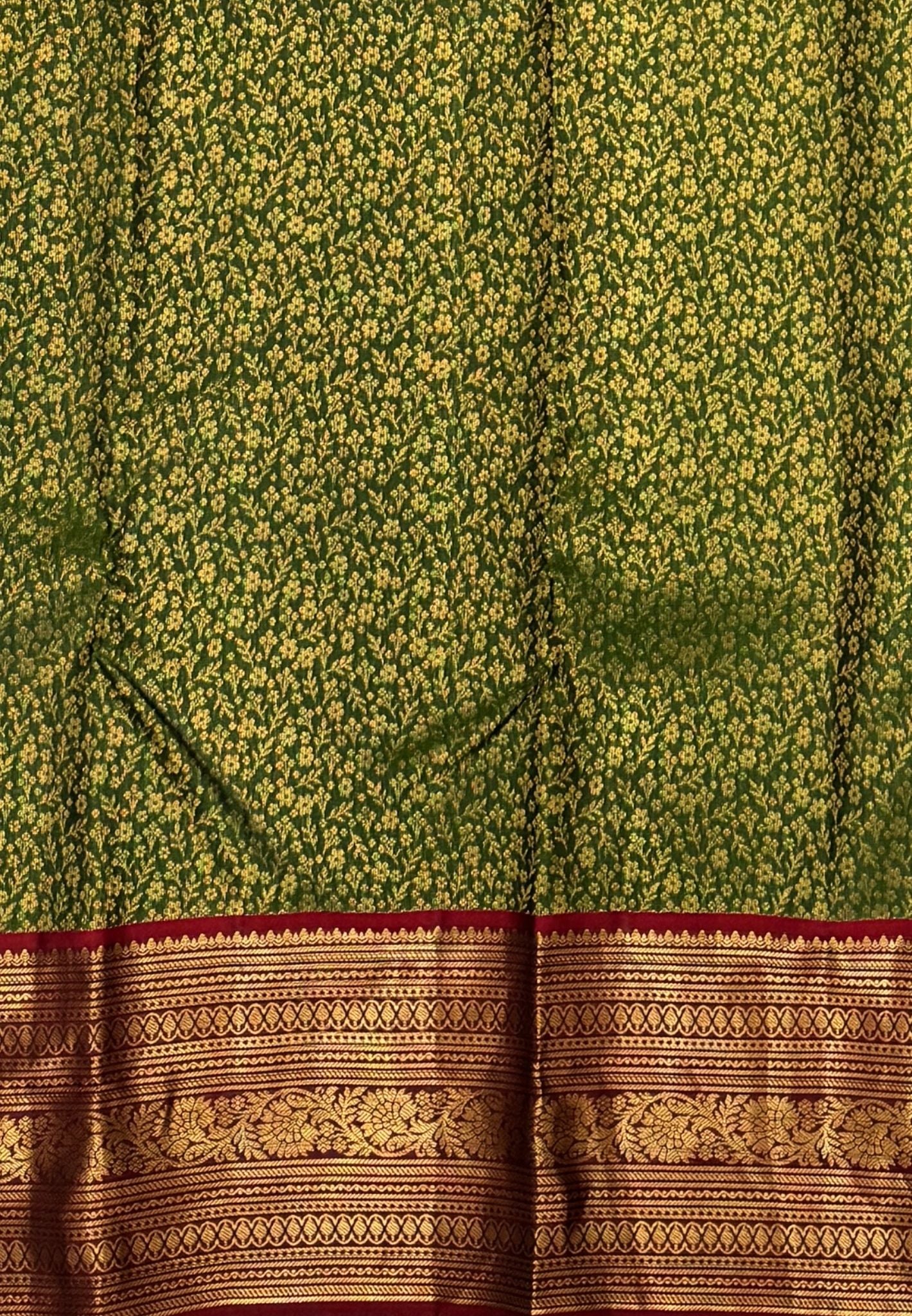 Pure Kanchipuram Silk Saree-Green in Antique Gold Temple Floral Zari with Contrast Border