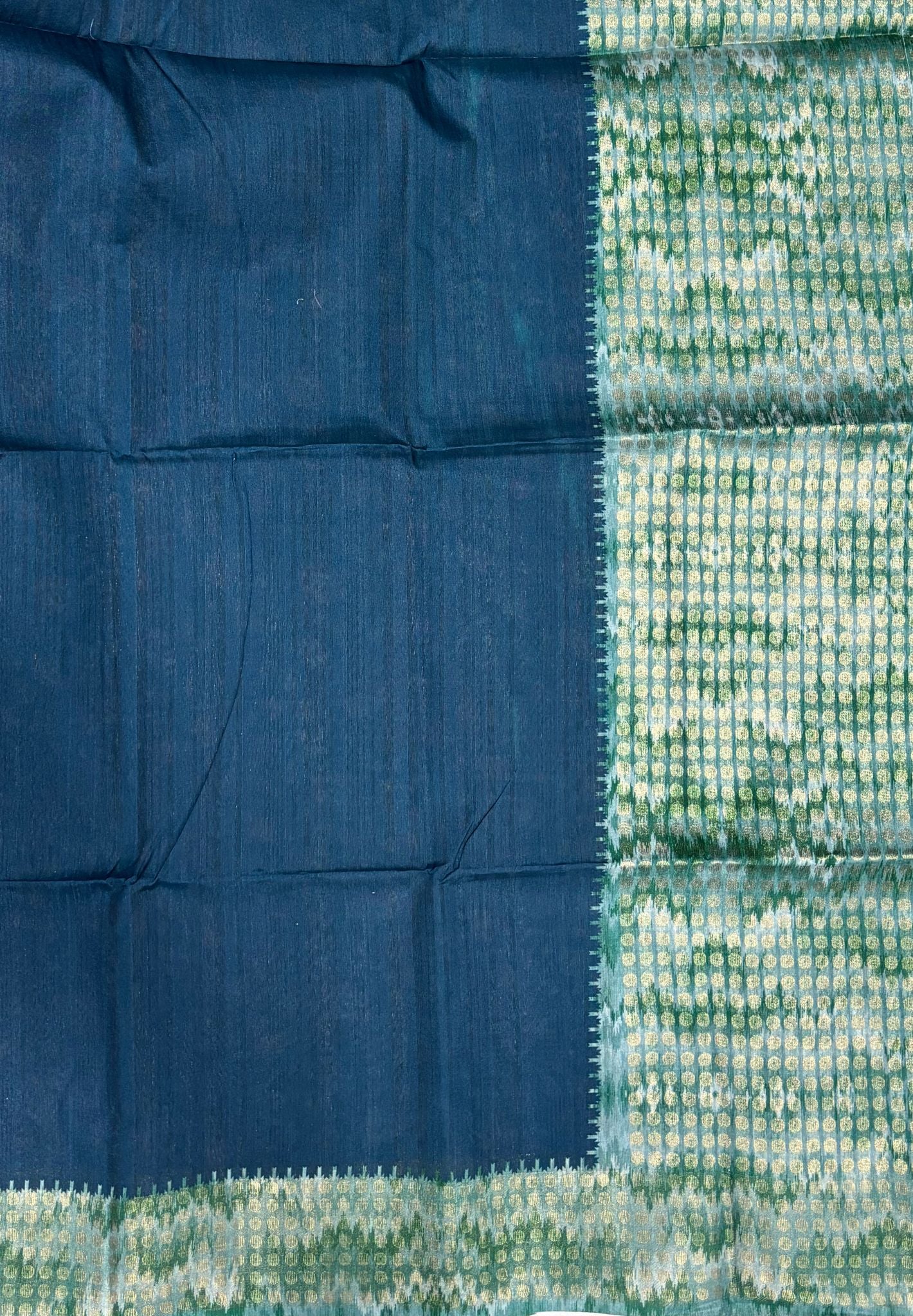 Semi Tussar Saree- Peacock Blue with Coin Zari Border
