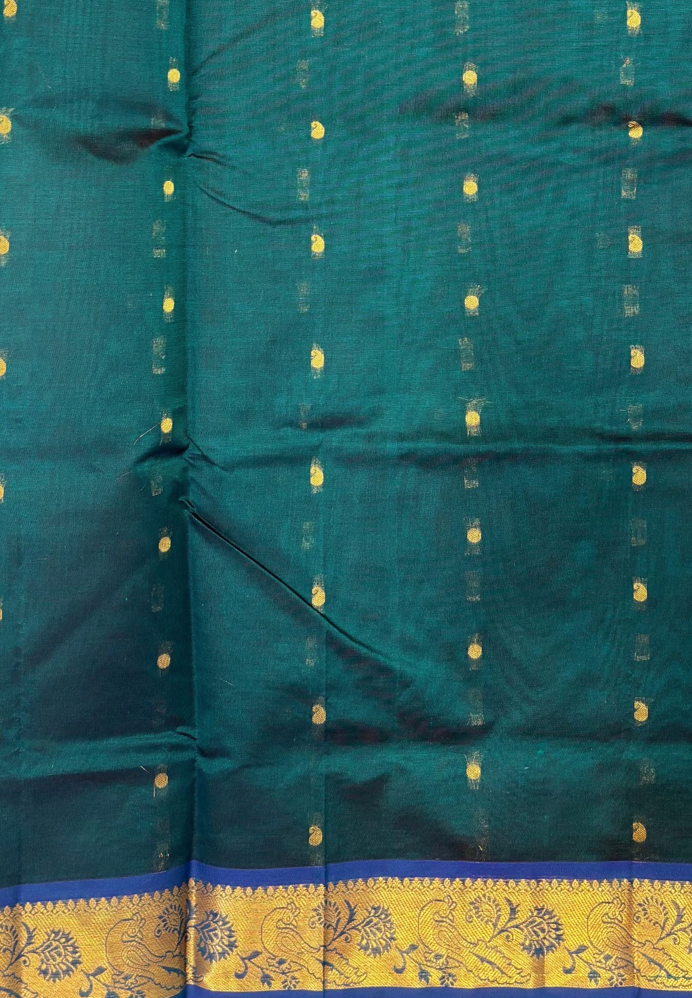 Silk Cotton SareeāPeacock Green-Blue in Mini Buttas with Contrast Border