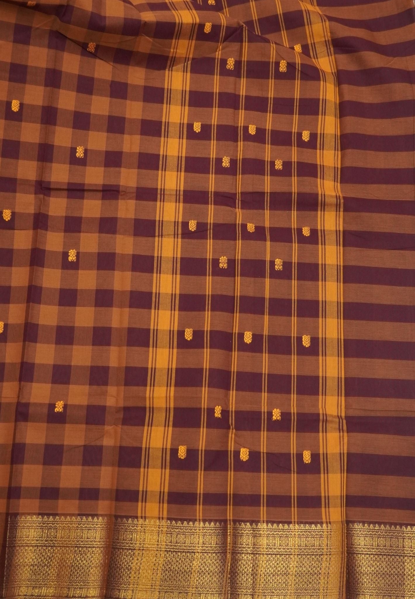 Kanchi Cotton Saree-Dark Mustard in Checkered Pattern