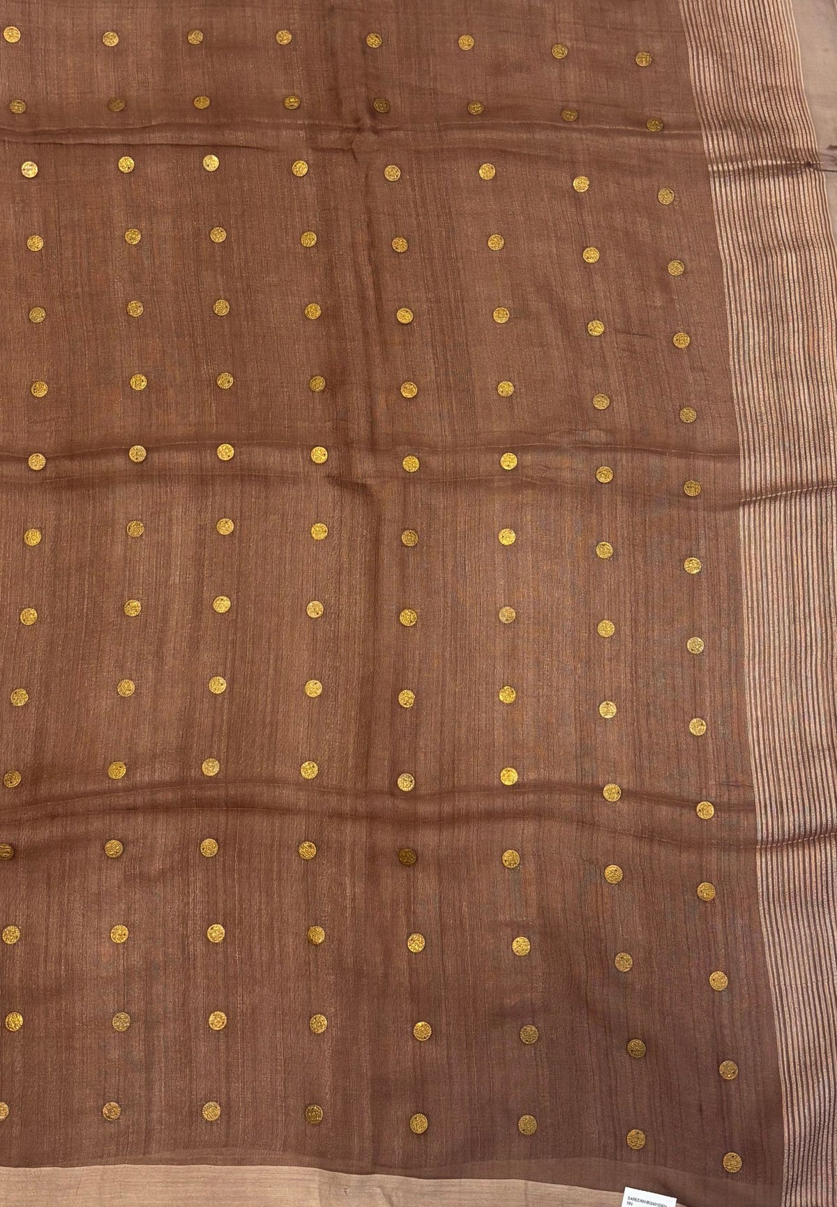 Pure Moonga Cotton Saree-Brown in Coin Butta with Striped Border