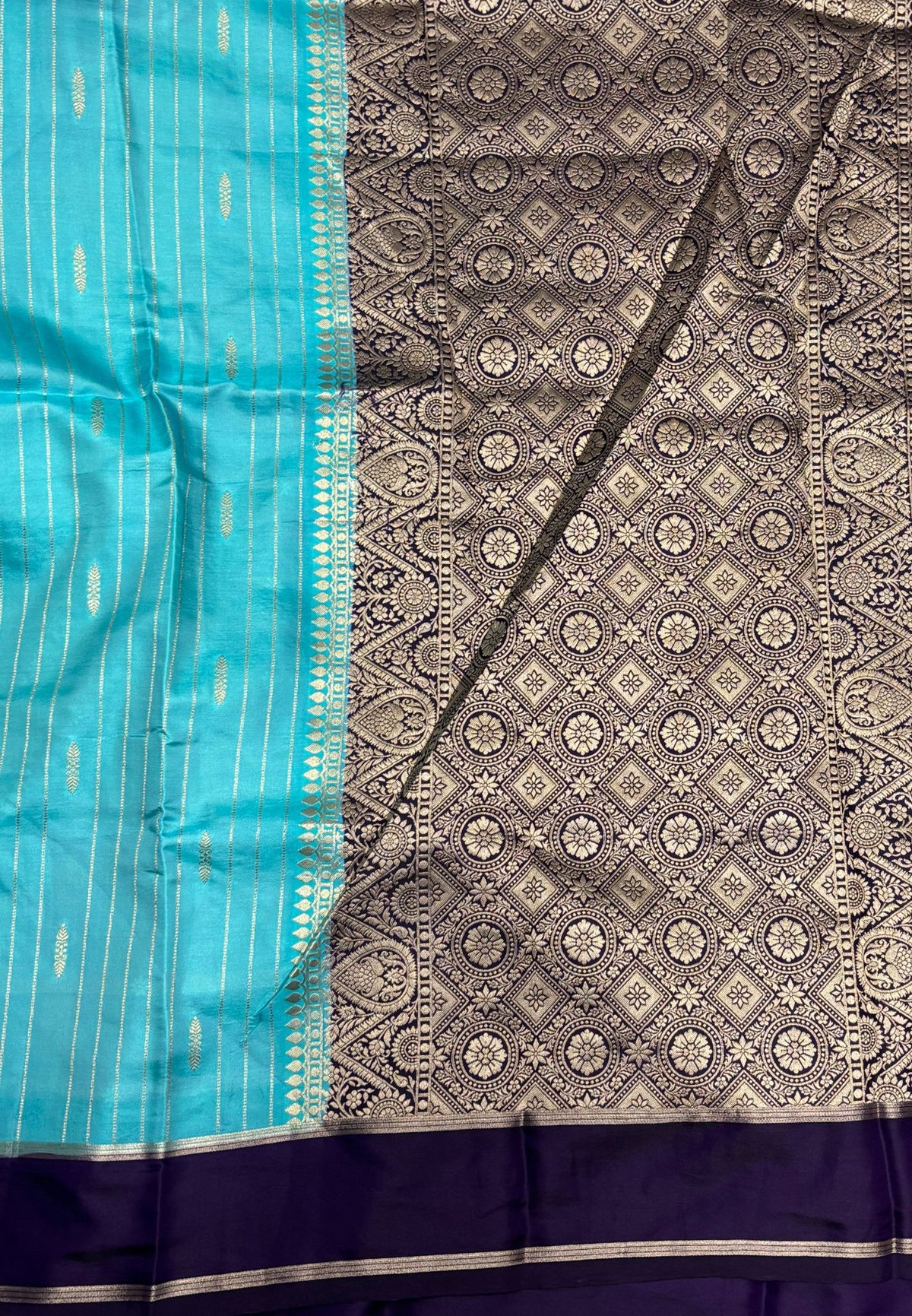 Gaji Silk Saree-Sky Blue in Intricate Geometric Floral Zari with Contrast Border