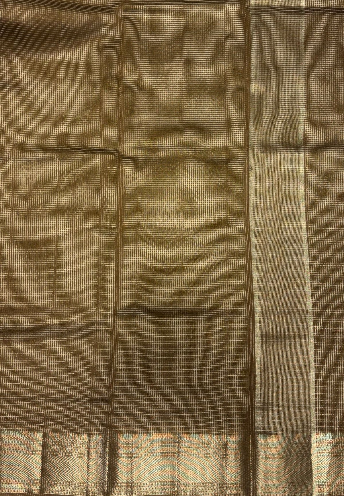 Mangalgiri Silk Saree-Dry Leaf Green in Fine Check Zari Border