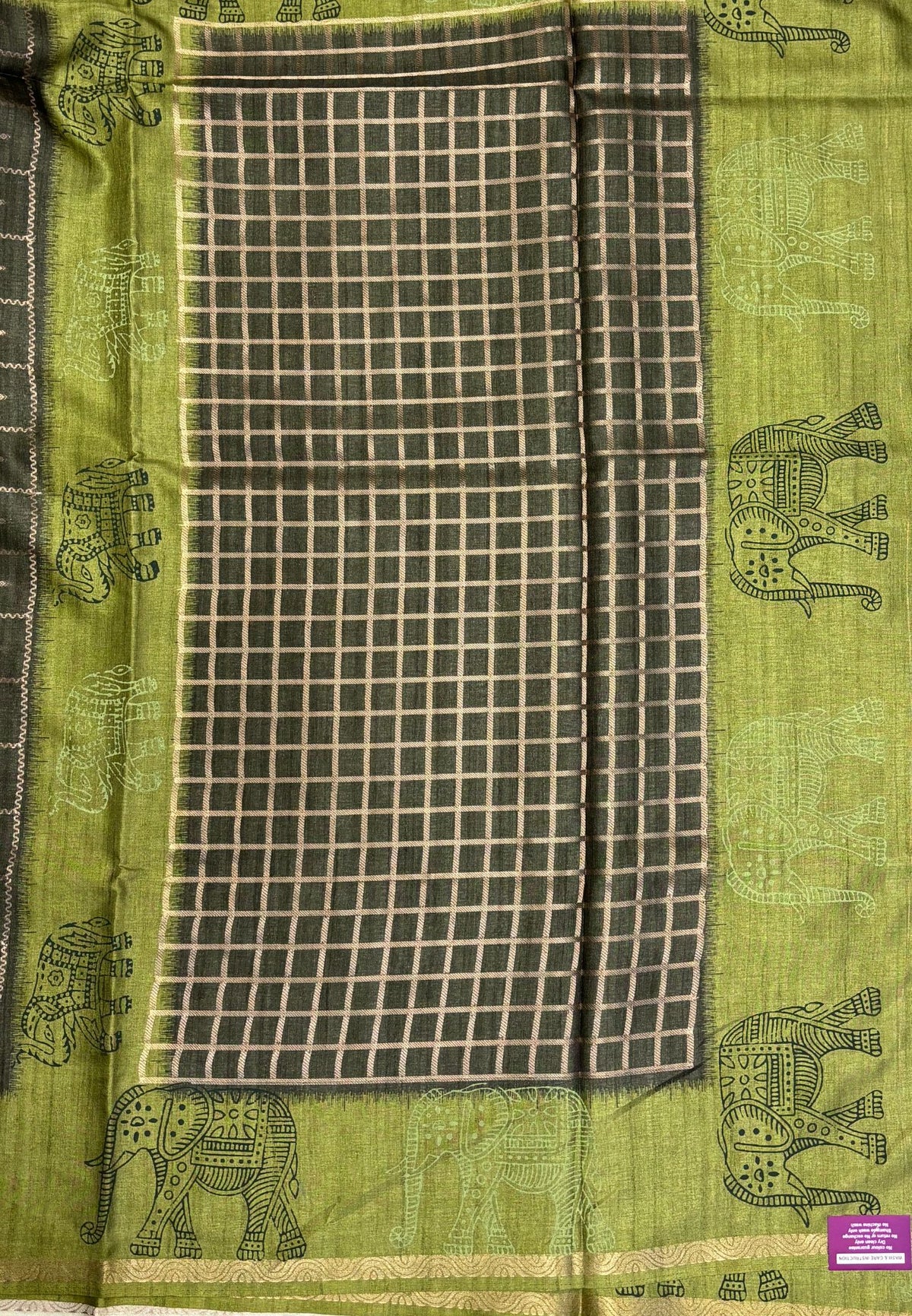 Semi Tussar Saree-Green in Traditional Elephant Motif Zari Border