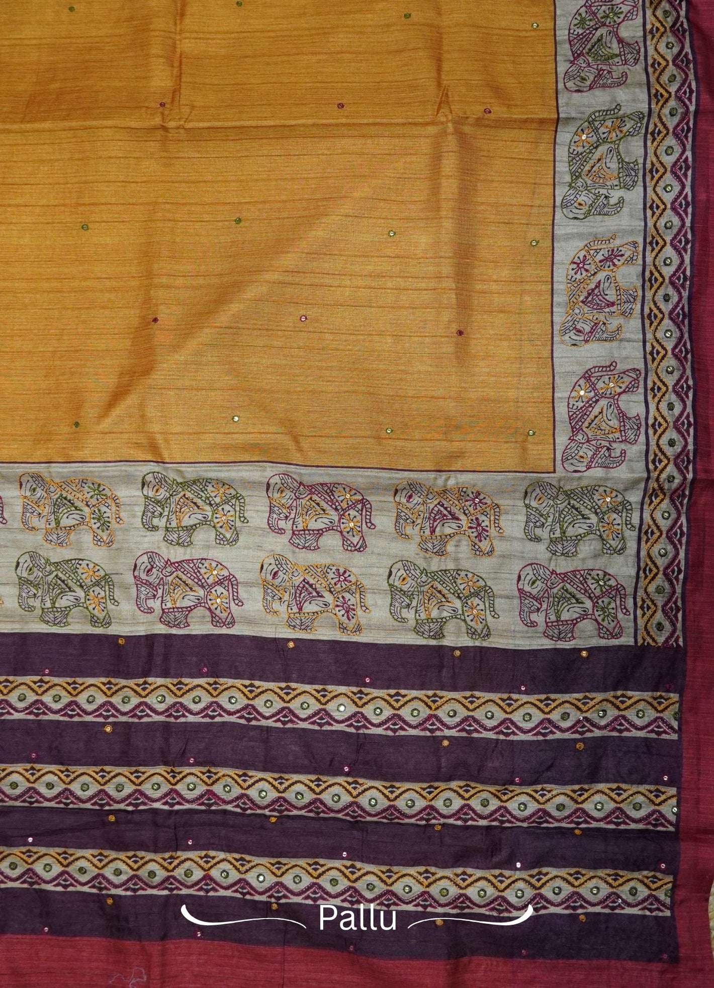 Semi Tussar Saree – Mustard Red Elephant Design