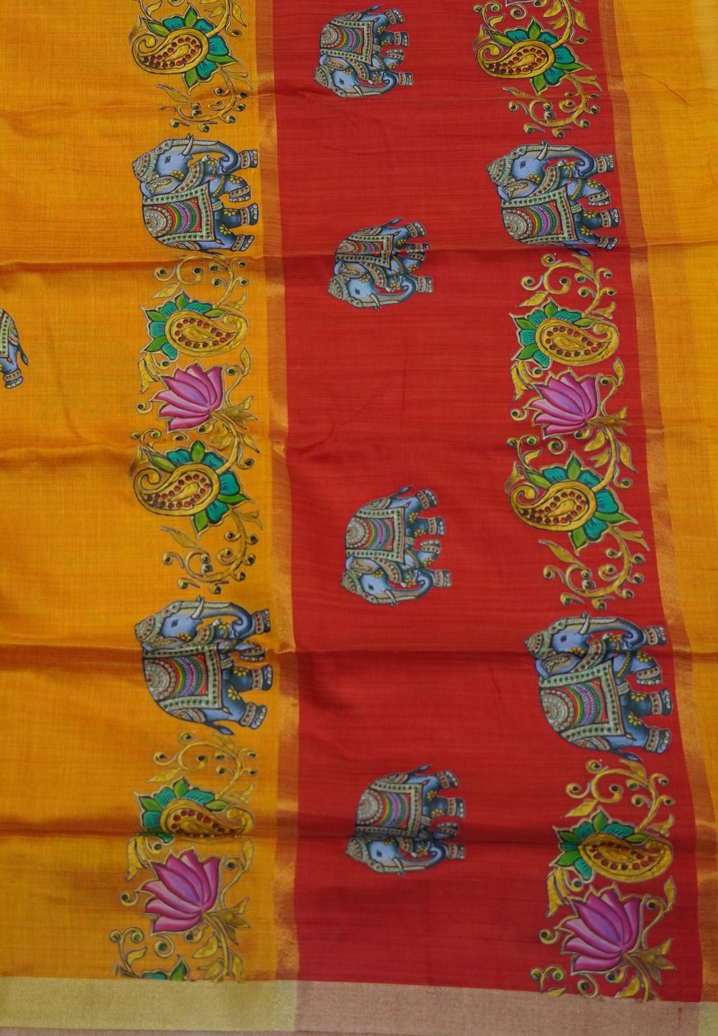 Cora Linen Saree-Mango Yellow with Tanjore Print