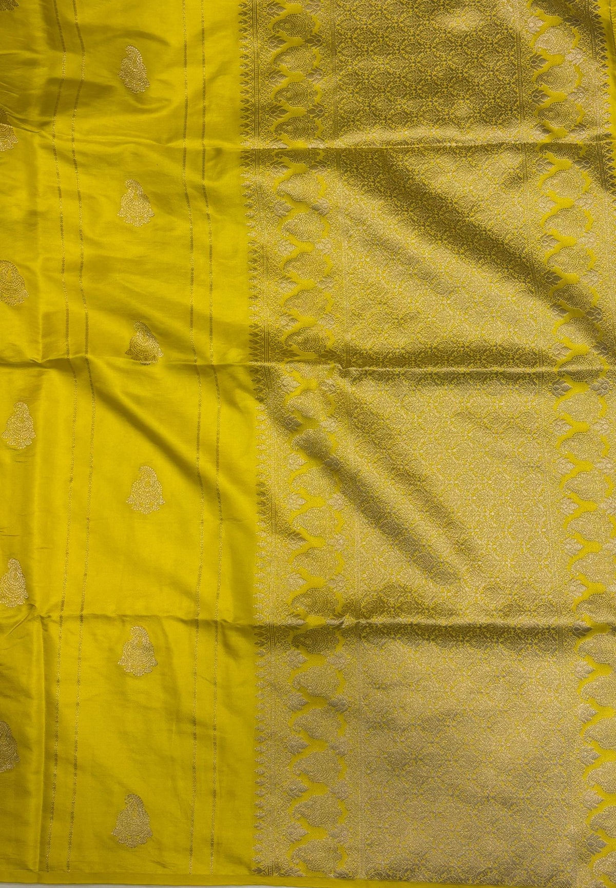 Gaji Silk Saree-Yellow in Paisley Jhumka Zari Border