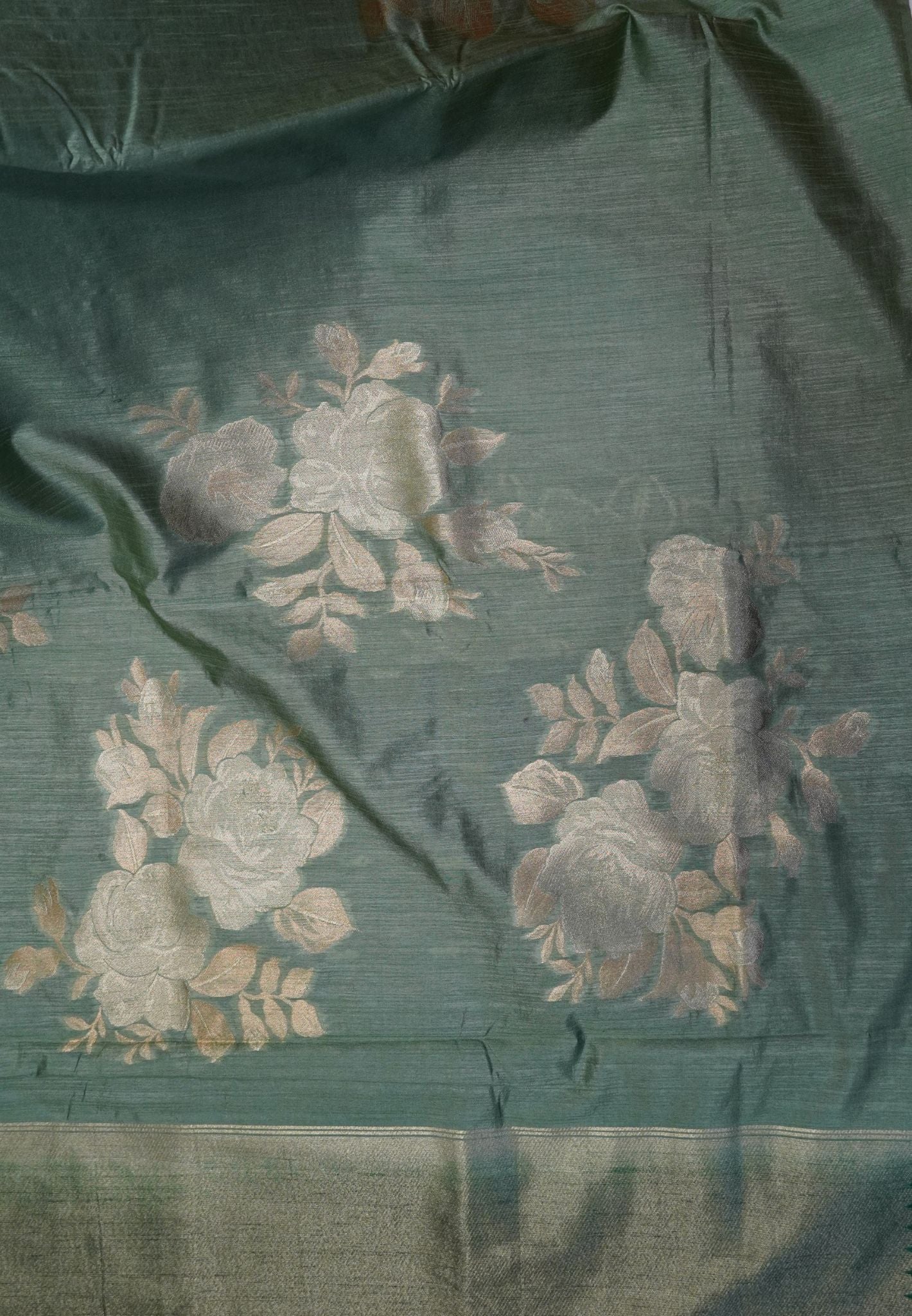 Semi Tussar Saree with Rose Floral Zari Weaving-Metallic Green