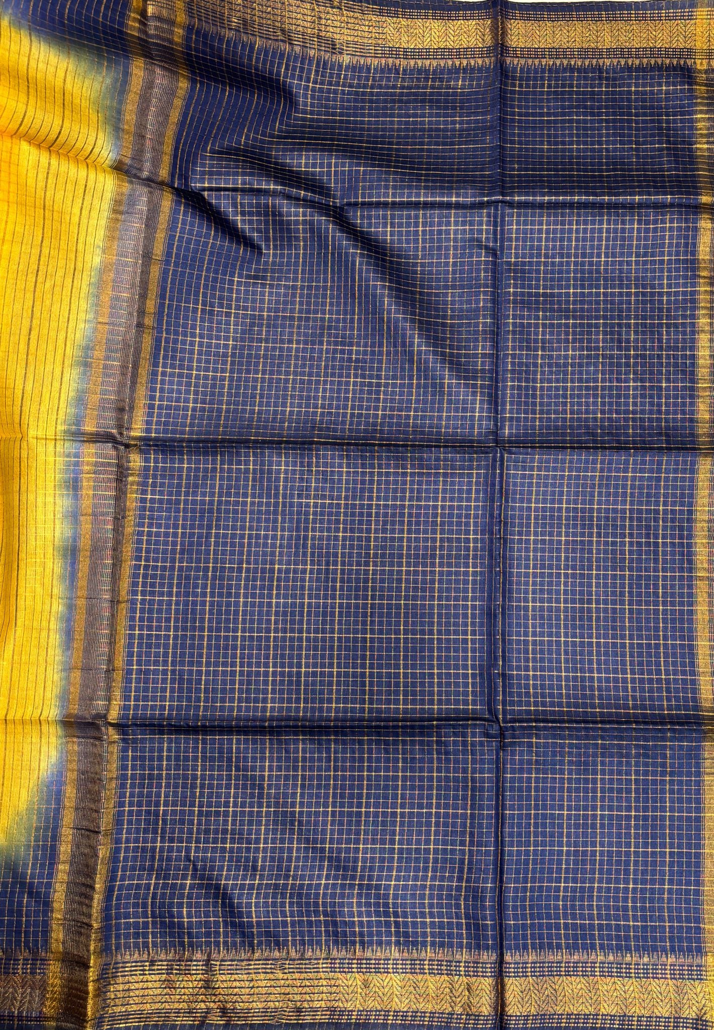 Semi Bhagalpur Tussar Saree-Yellow in Zari checks with Contrast Border