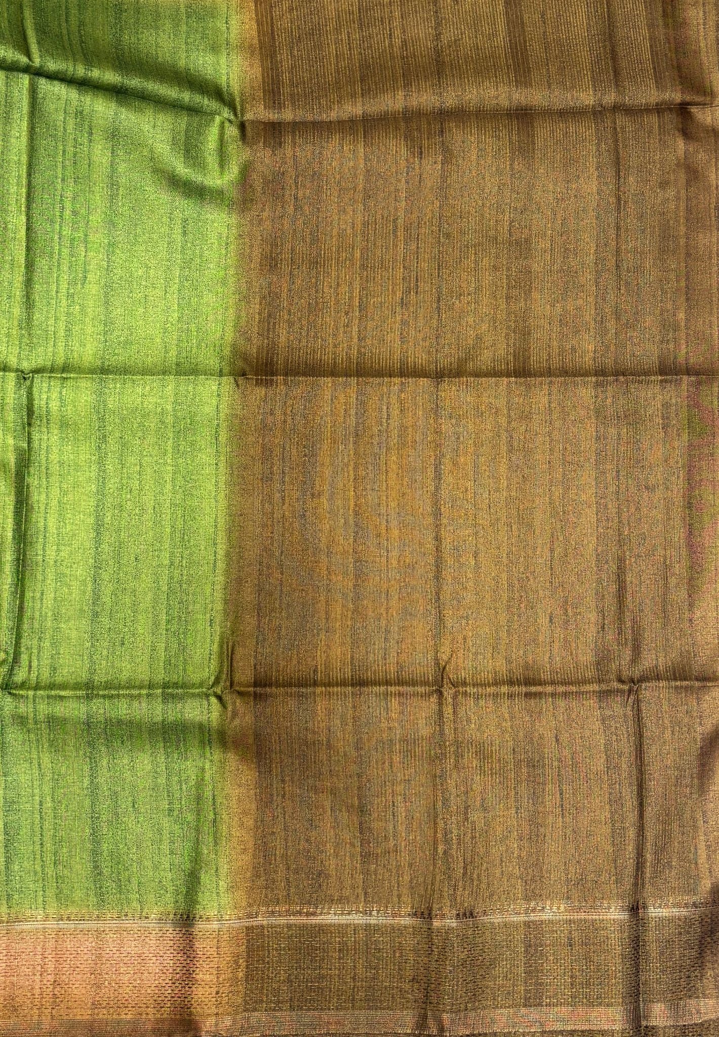 Matka Tussar Saree-Green in Classic Striped Zari with Contrast Border