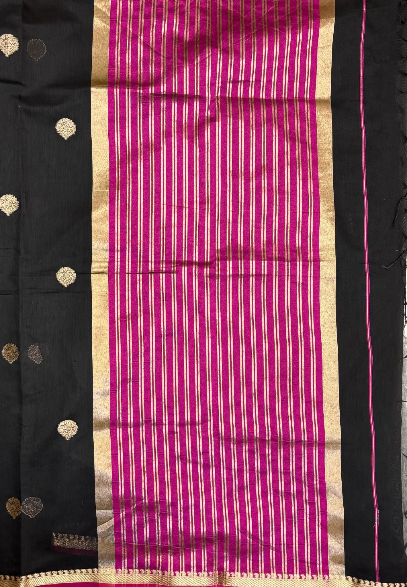 Semi Maheswari Saree-Black In Golden Stripe Border