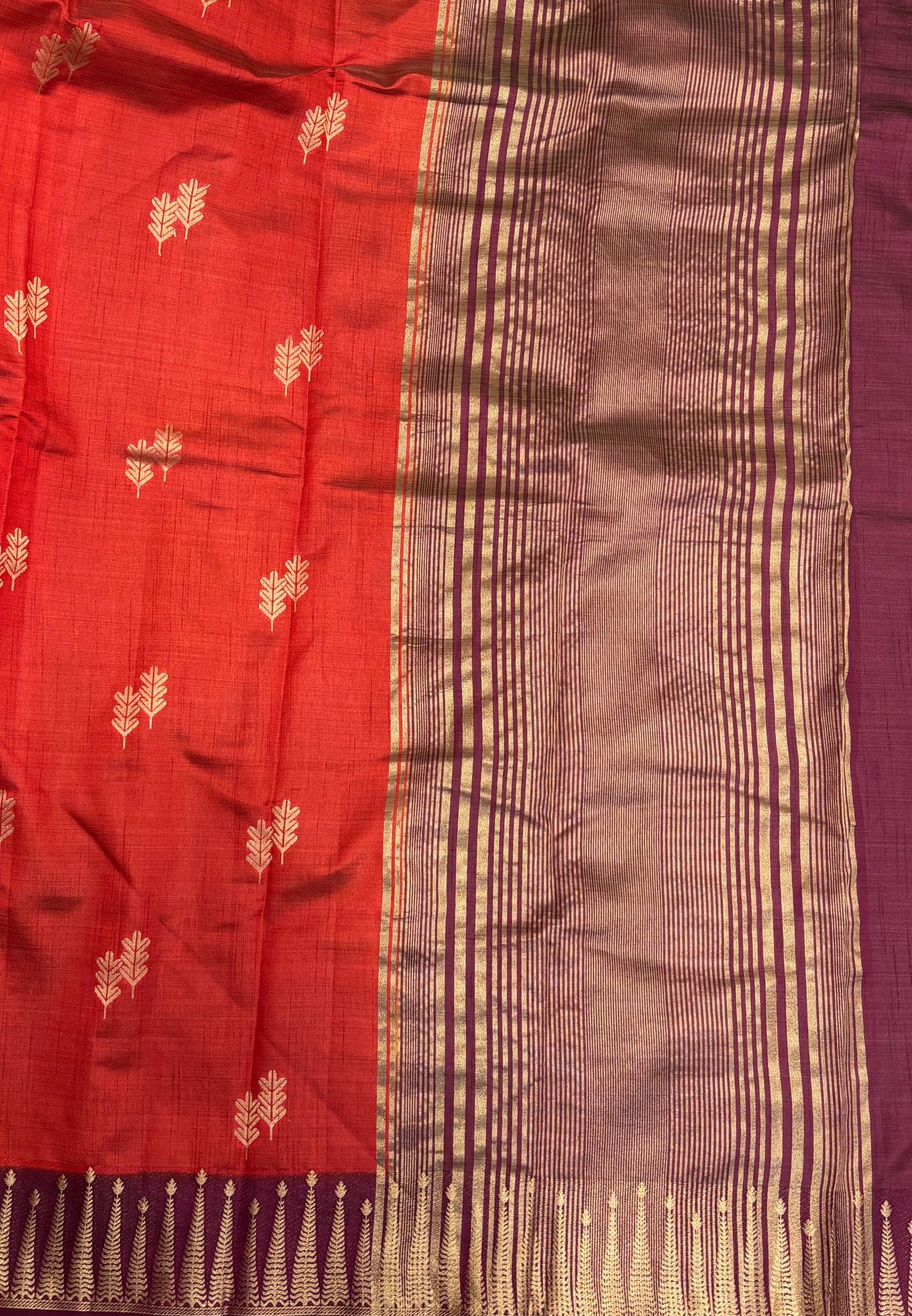Semi Tussar Saree-Orange in Traditional Striped Zari with Contrast Border