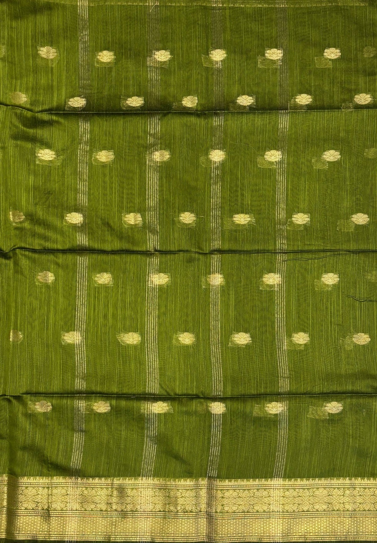 Cotton Saree-Olive Green In Floral Zari Stripe Border