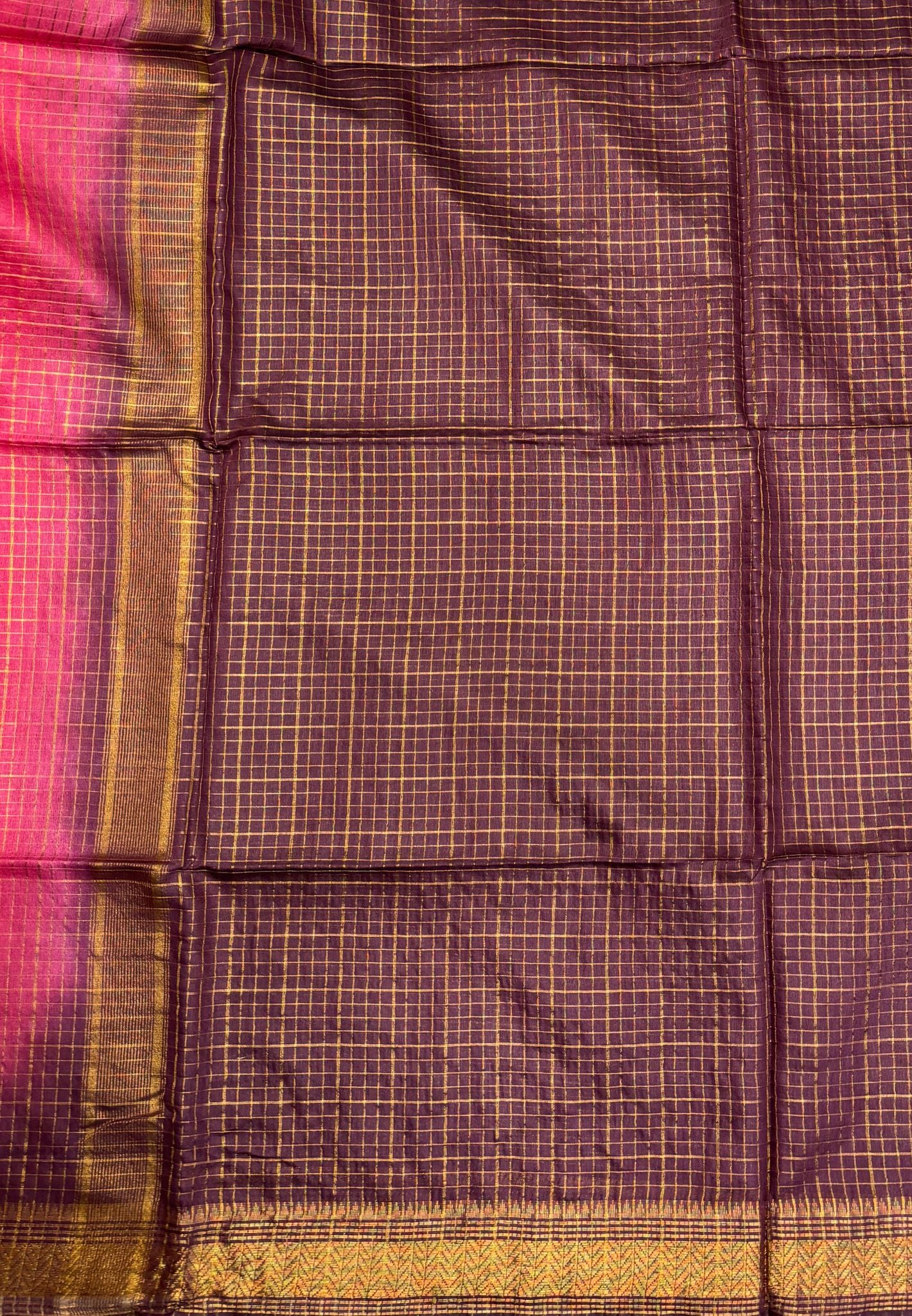 Semi Bhagalpur Tussar Saree-Rani pink in Zari checks with Contrast Border