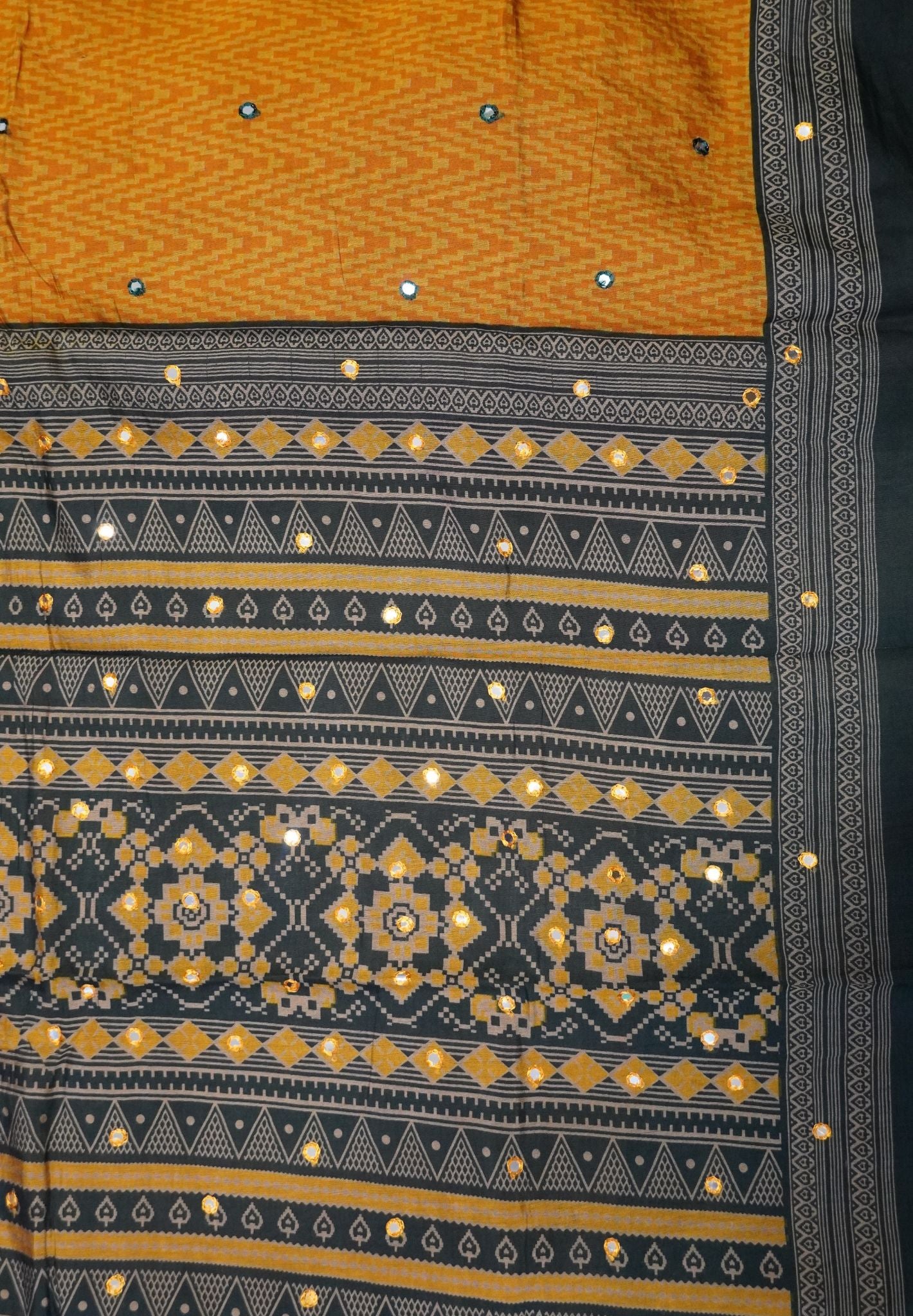 Malai Cotton Mirror Work Saree-Mustard