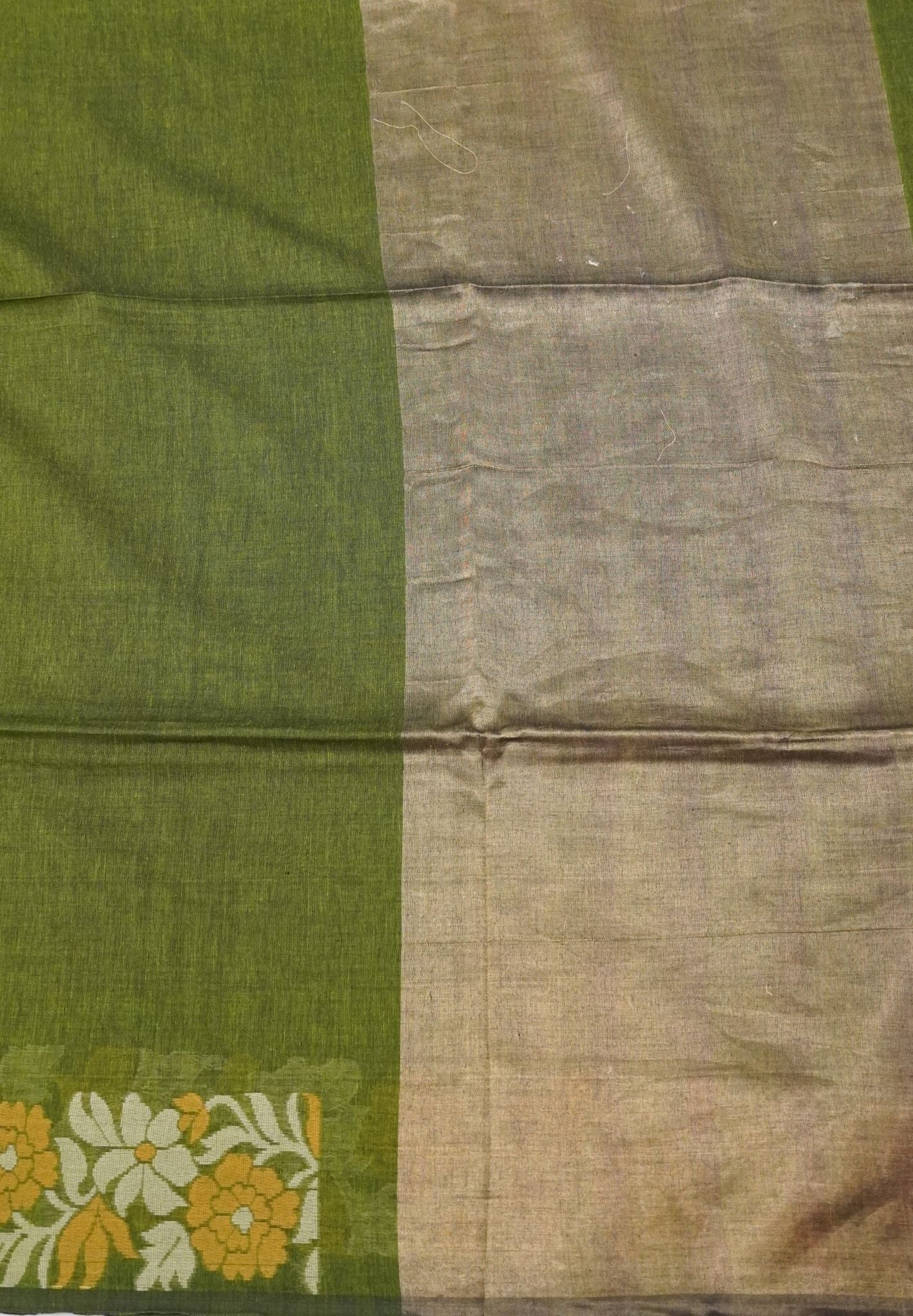 Handloom Cotton Saree-Sage Green Marigold Floral Jamdhani Border