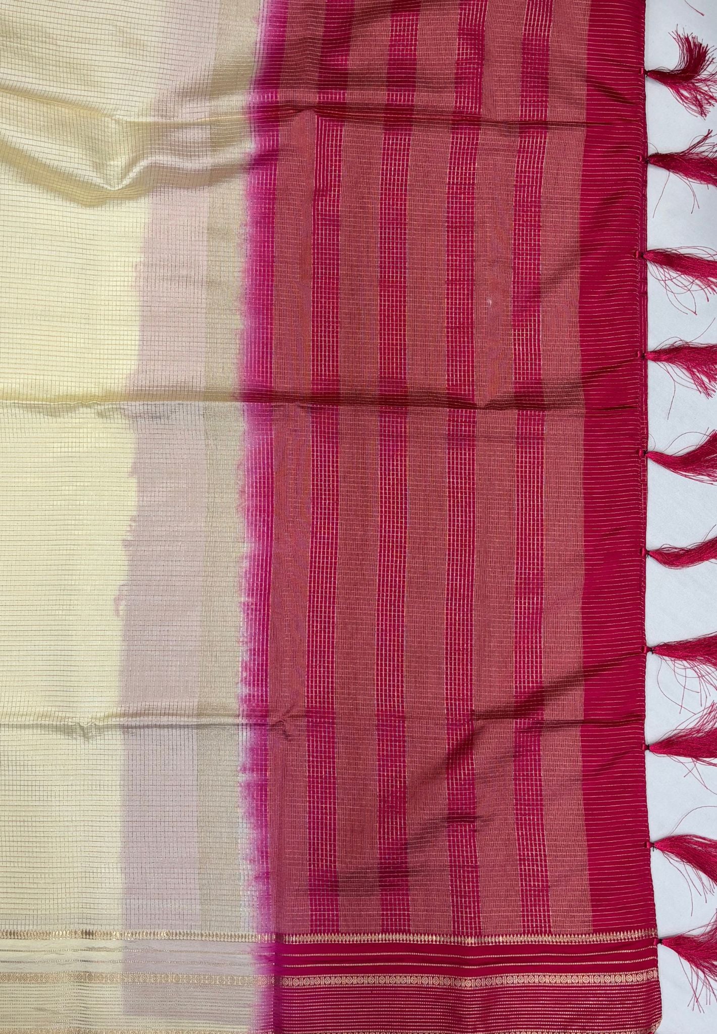 Mulberry Silk Saree-Offwhite In Striped Zari With Contrast Border