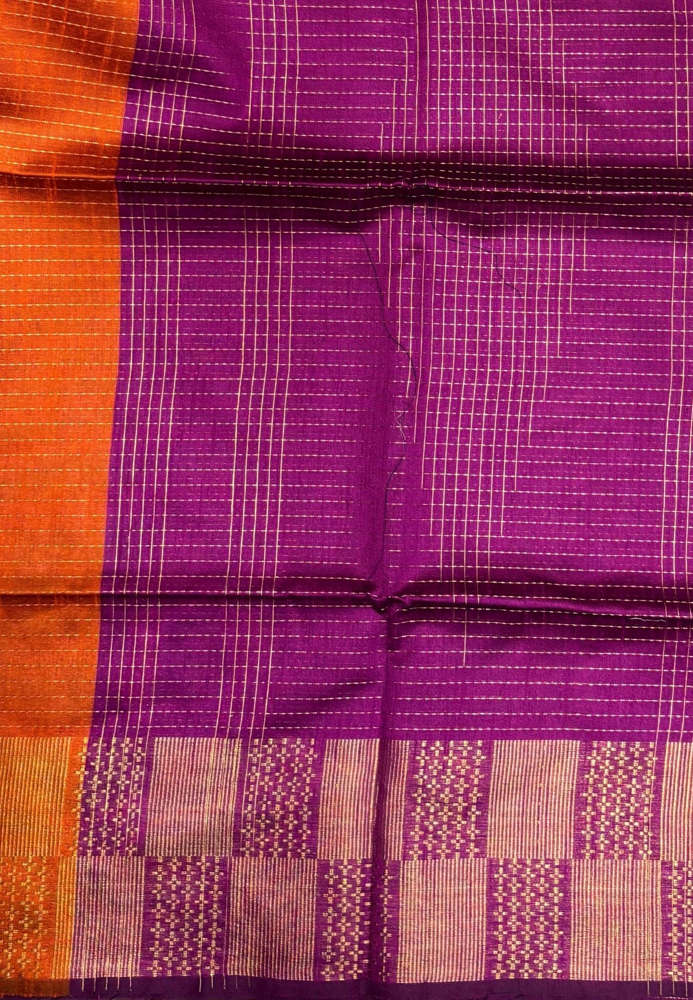 Semi Raw Silk Saree-Rust Orange In Checkered Zari With Contrast Border