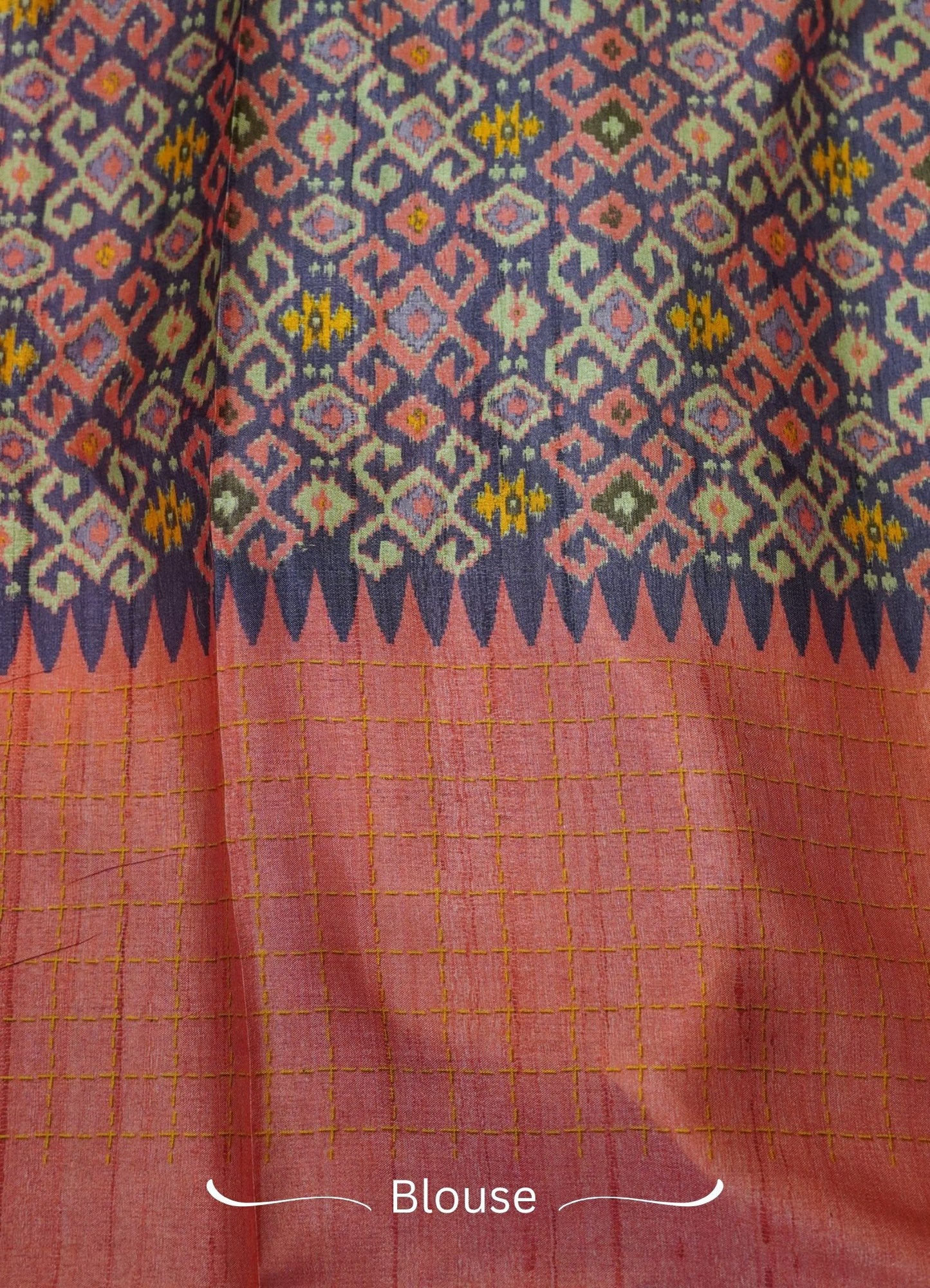 Semi Tussar Saree – Peach & violet Checks Design
