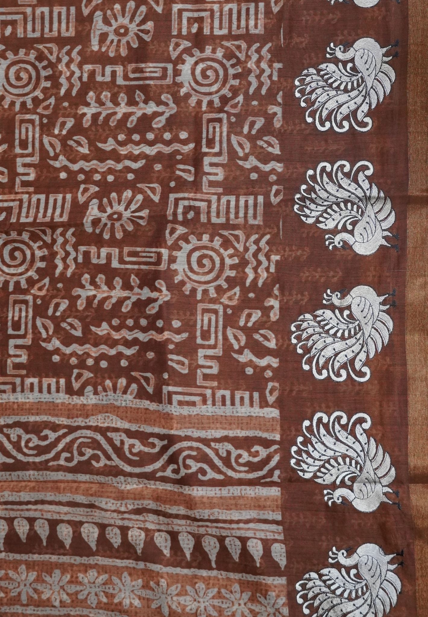 Semi Chanderi Saree-Khaki with Peacock Embroidery