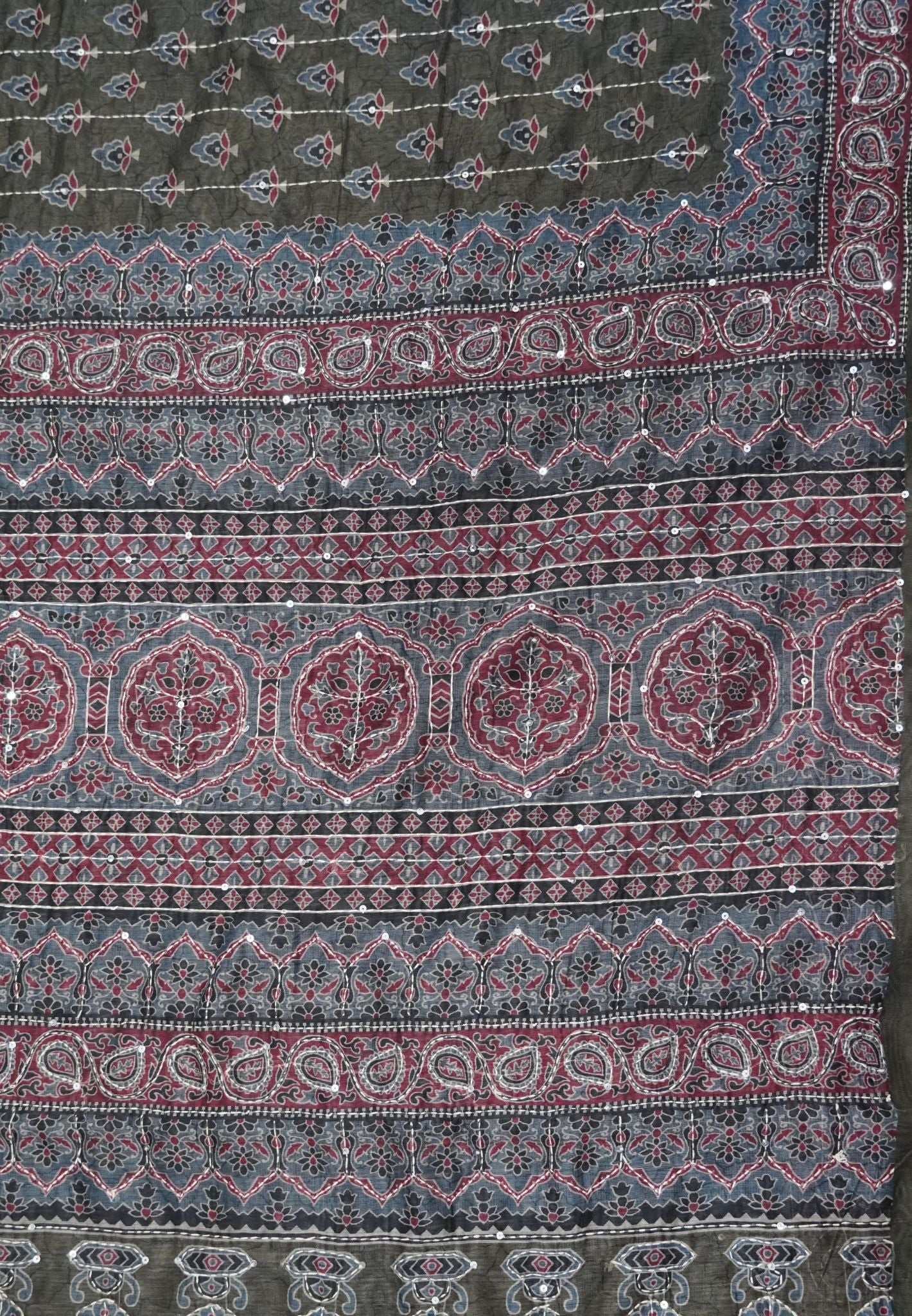Semi Chanderi Saree- Green with Kantha Work