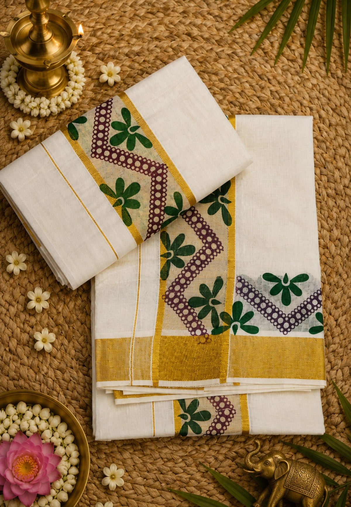Cotton Set Mund-Off White - Green with ZigZag Floral Motifs