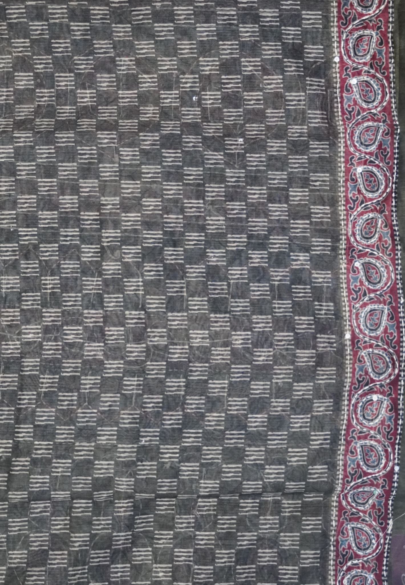 Semi Chanderi Saree- Green with Kantha Work