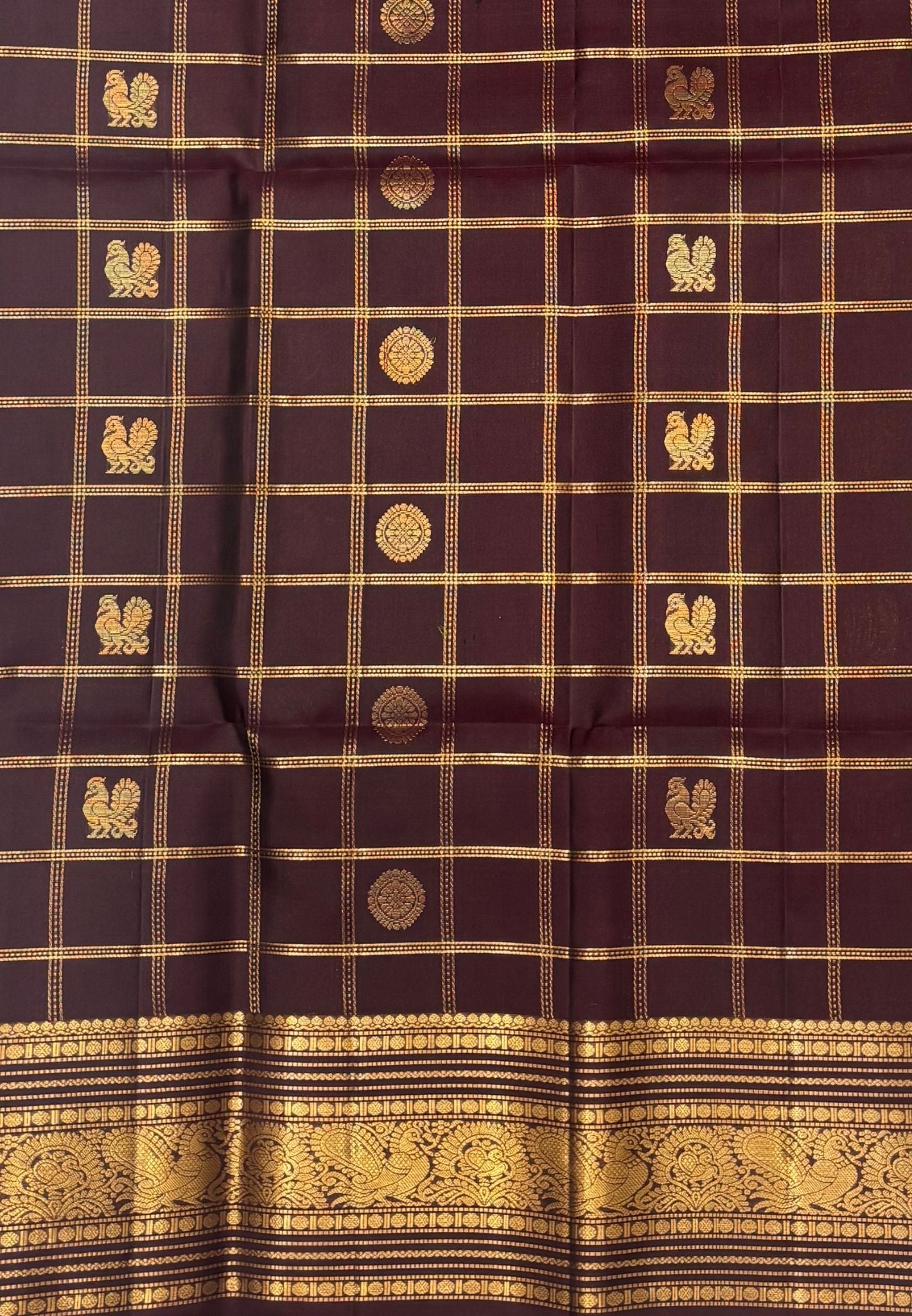 Pure Kanchipuram Silk Saree-Dark Maroon in Peacock & Floral Zari Border