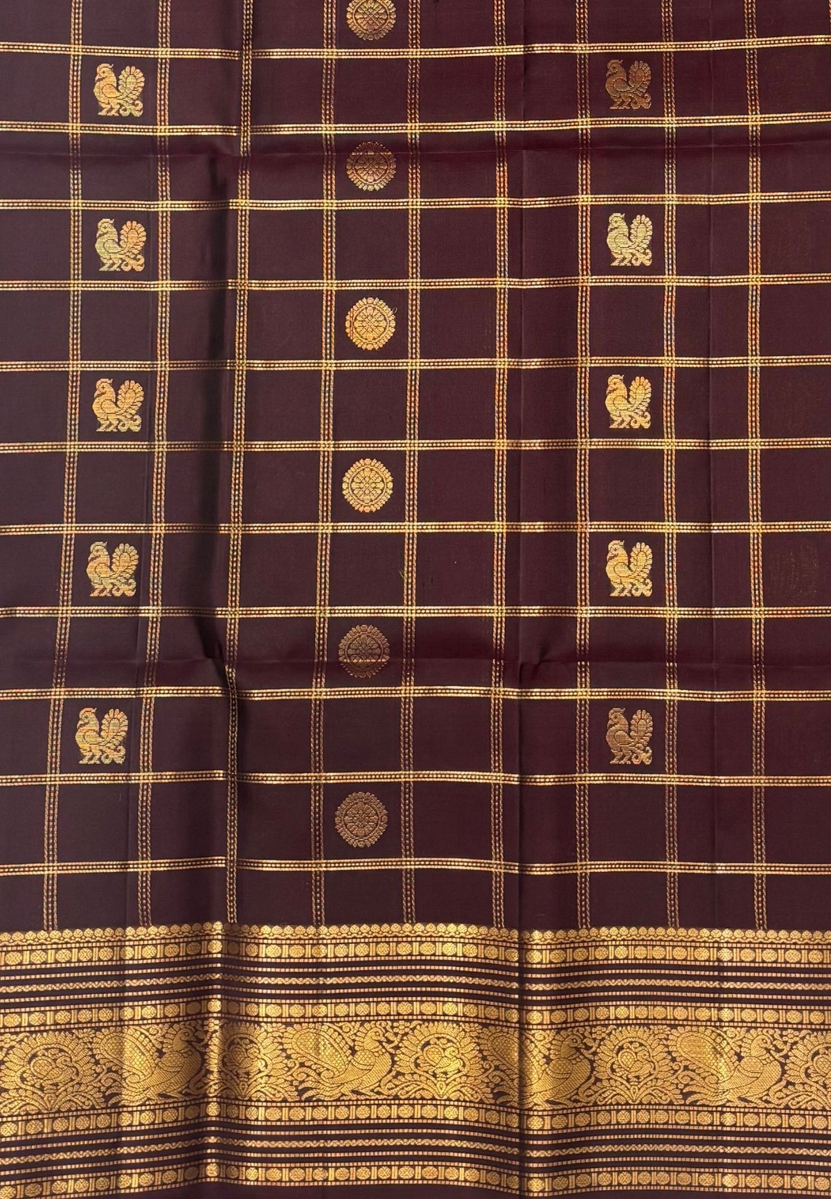 Pure Kanchipuram Silk Saree-Dark Maroon in Peacock & Floral Zari Border