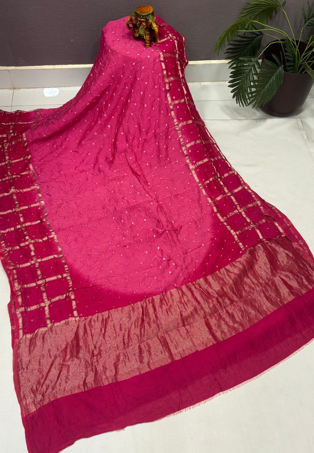 Banarasi Bandeji Saree-Rani Pink. in Zari Checks Border