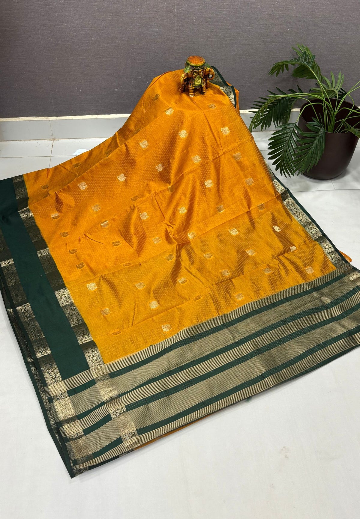 Semi Tussar Saree- Mustrd in Traditional Floral Zari Stripe with Contrast Border
