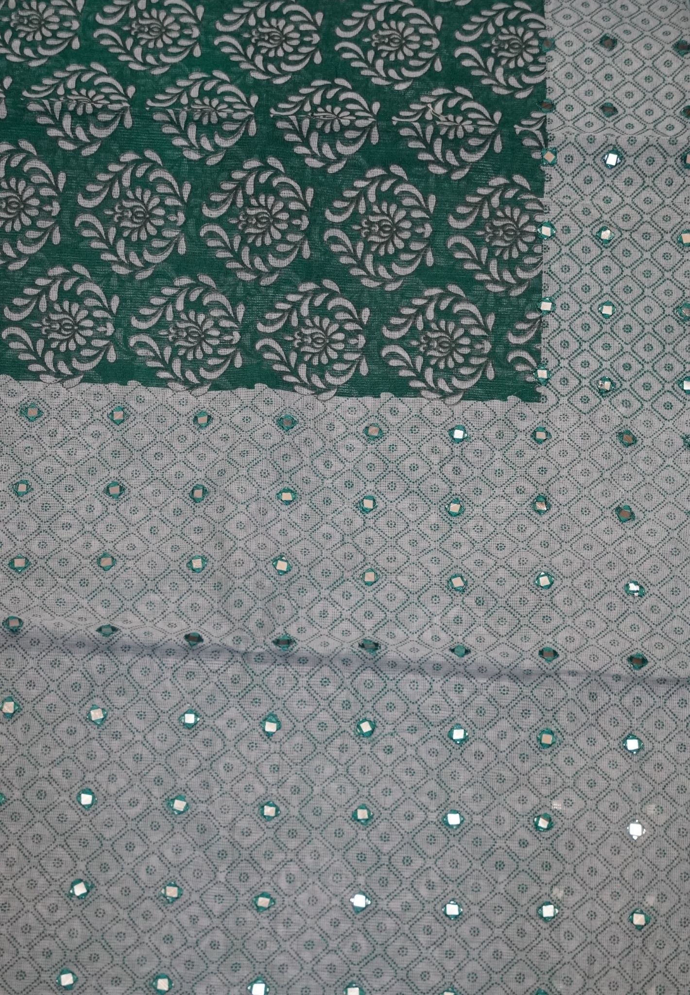 Supernet Kota Cotton Saree-Green with Mirror Work