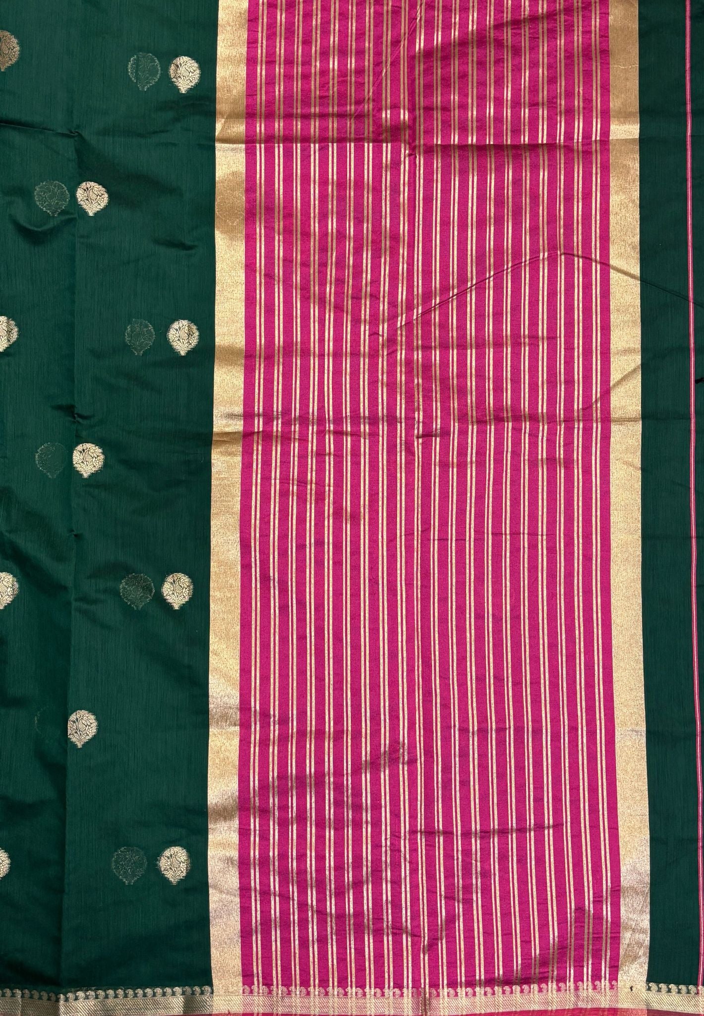 Semi Maheswari Saree-Bottle Green In Golden Stripe Border