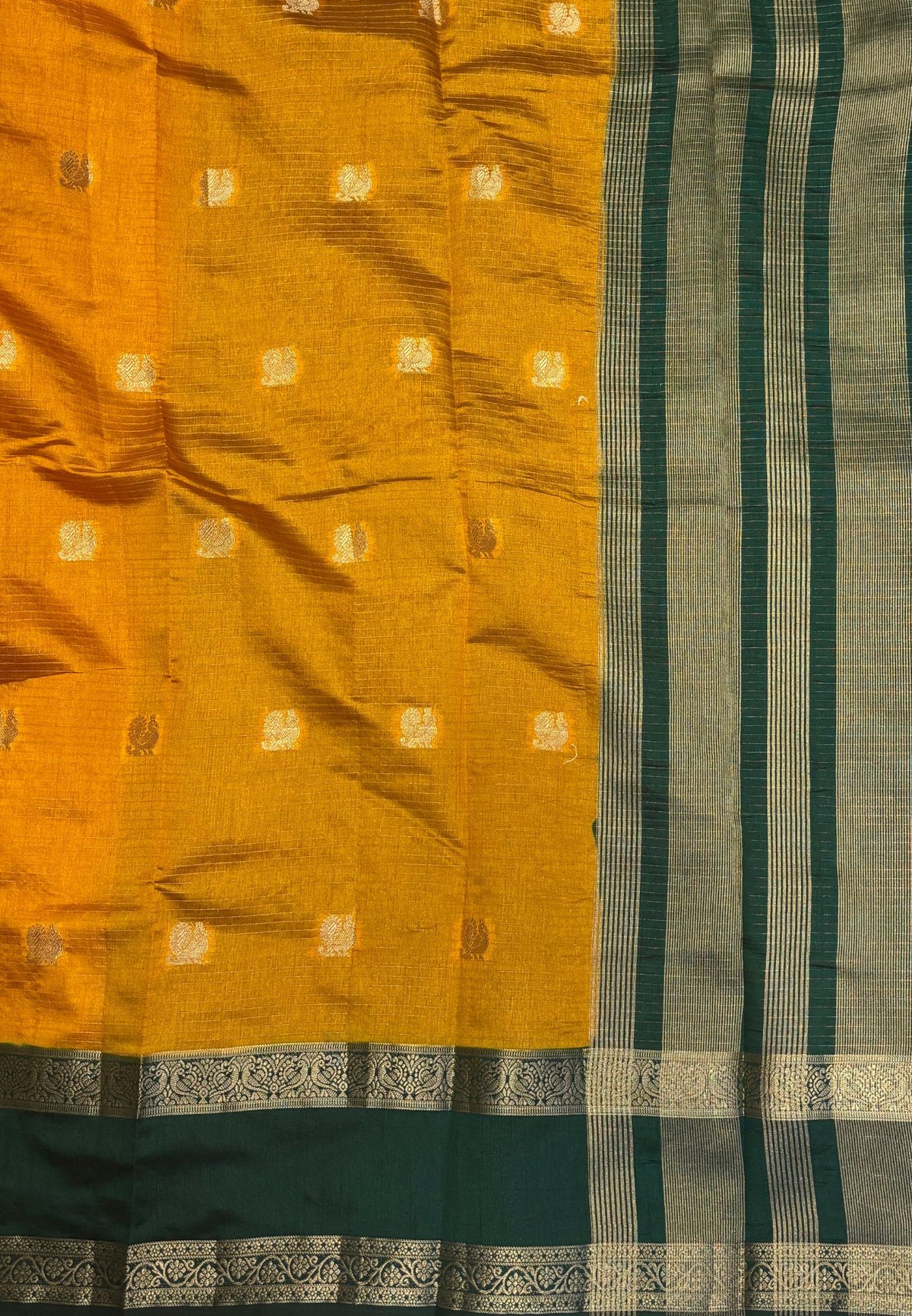 Semi Tussar Saree- Mustrd in Traditional Floral Zari Stripe with Contrast Border