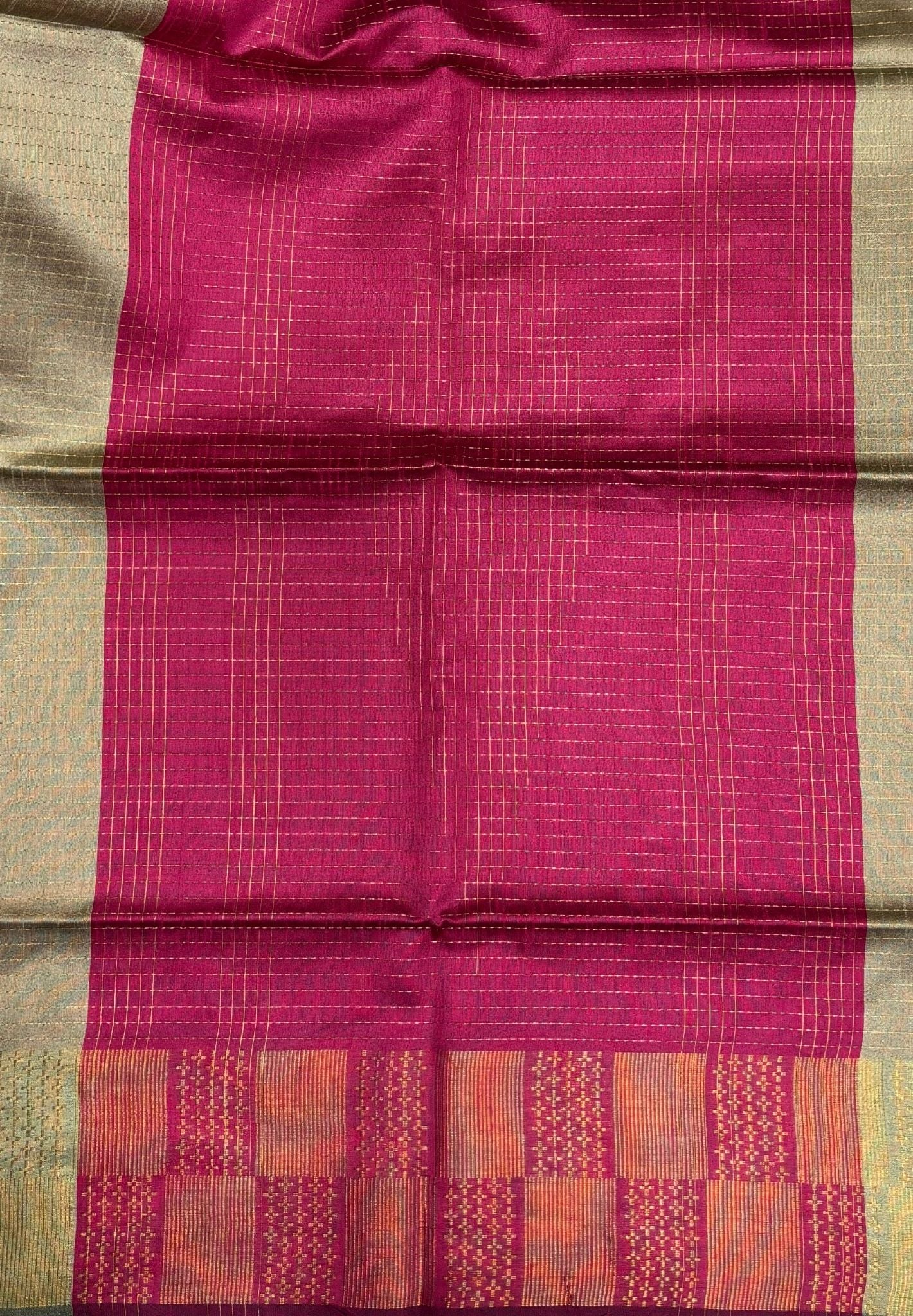 Semi Raw Silk Saree-Light Elachi In Checkered Zari With Contrast Border
