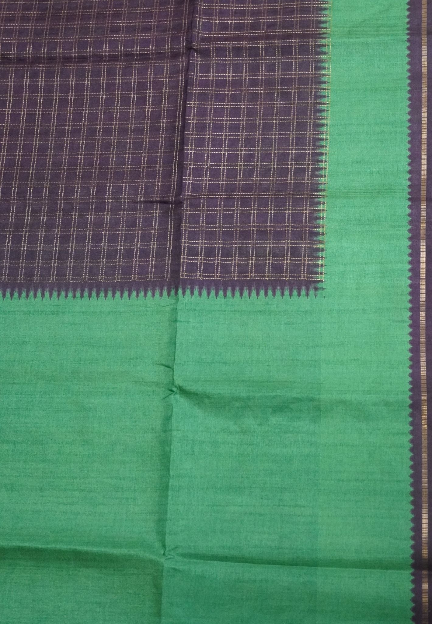 Semi Matka Tussar Saree-Dark Purple with Contrast Border and Zari Checks
