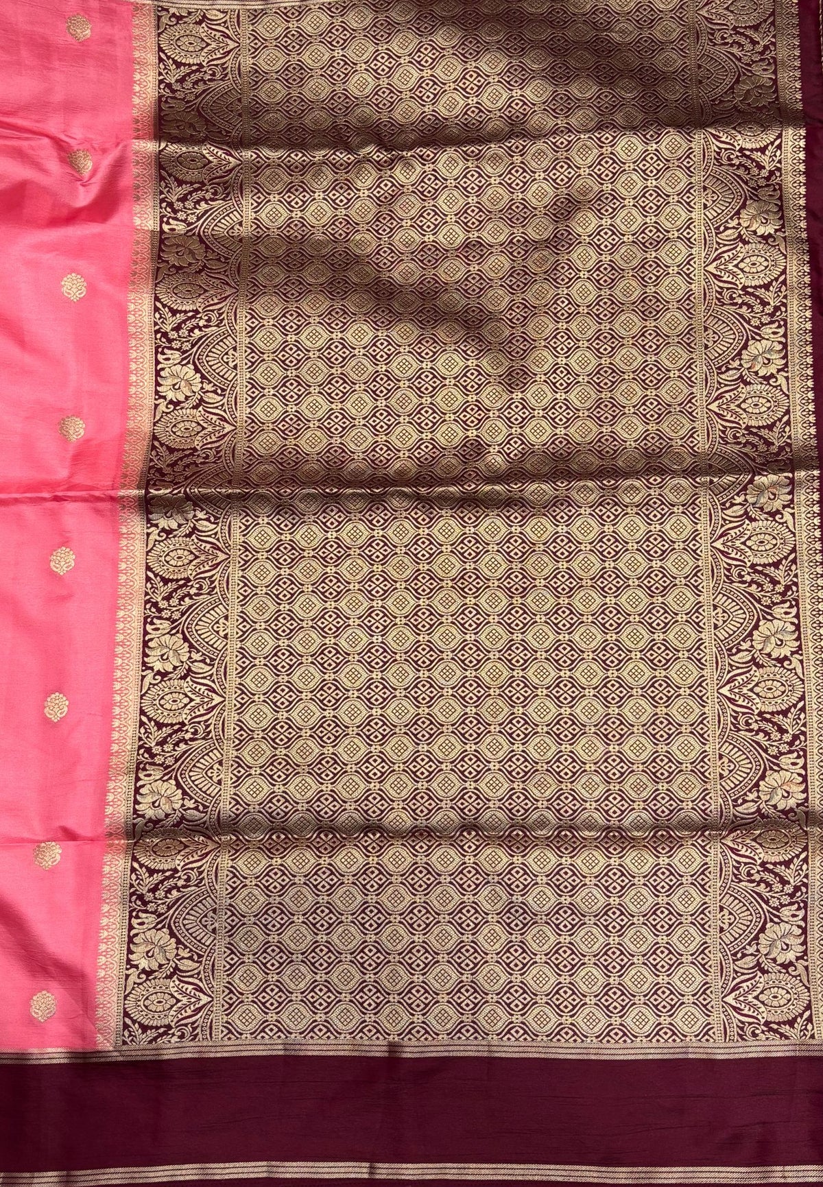 Gaji Silk Saree-Peach Pink in Butta Retpet Zari with Contrast Border