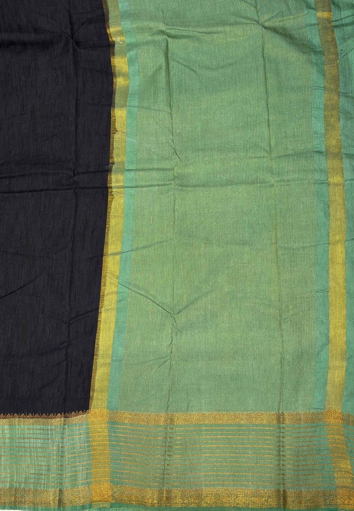 Raw Silk Saree-Black-Light Green With Contrast Border