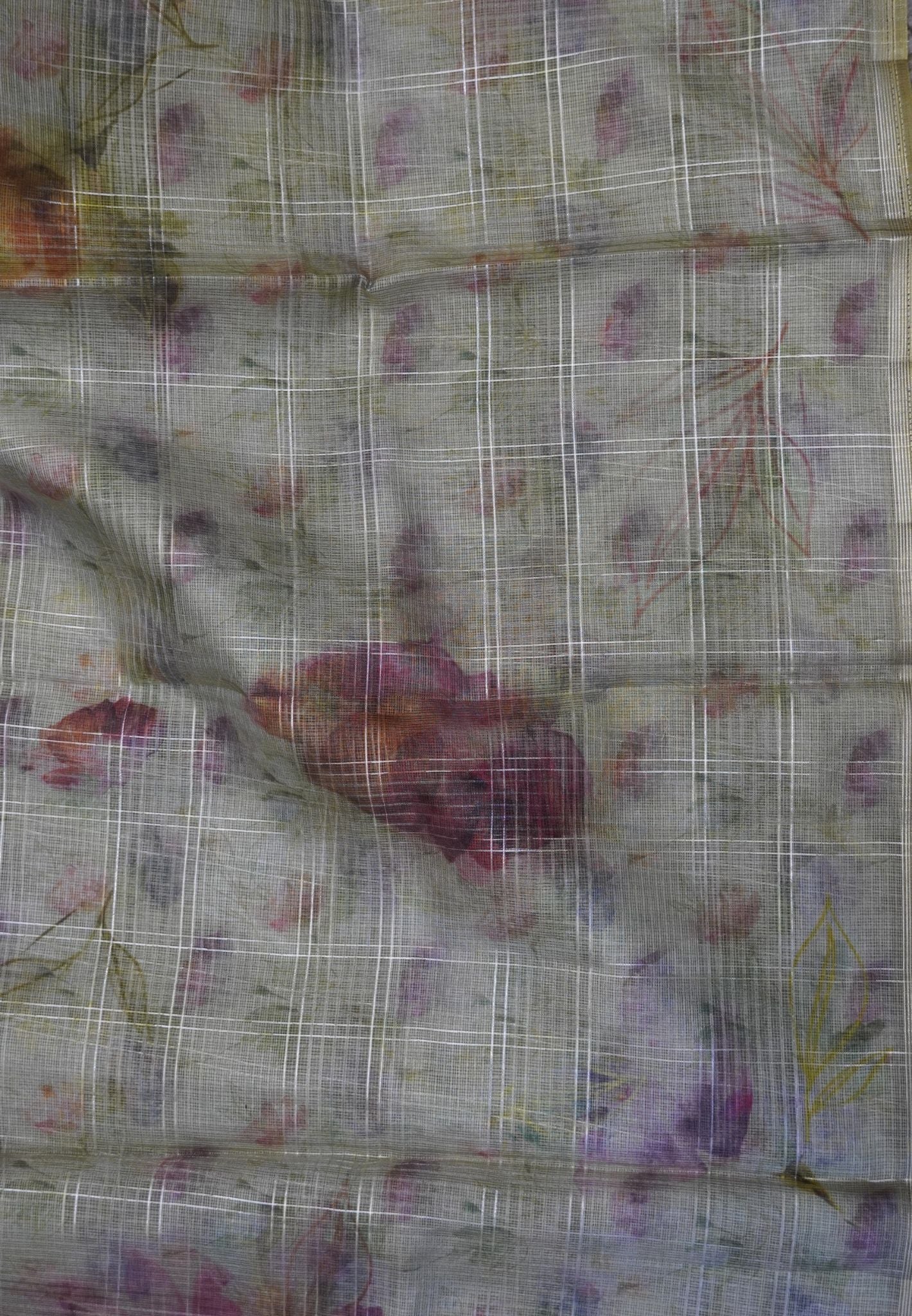 Linen Kota Saree - Metalic Green with Floral Prints