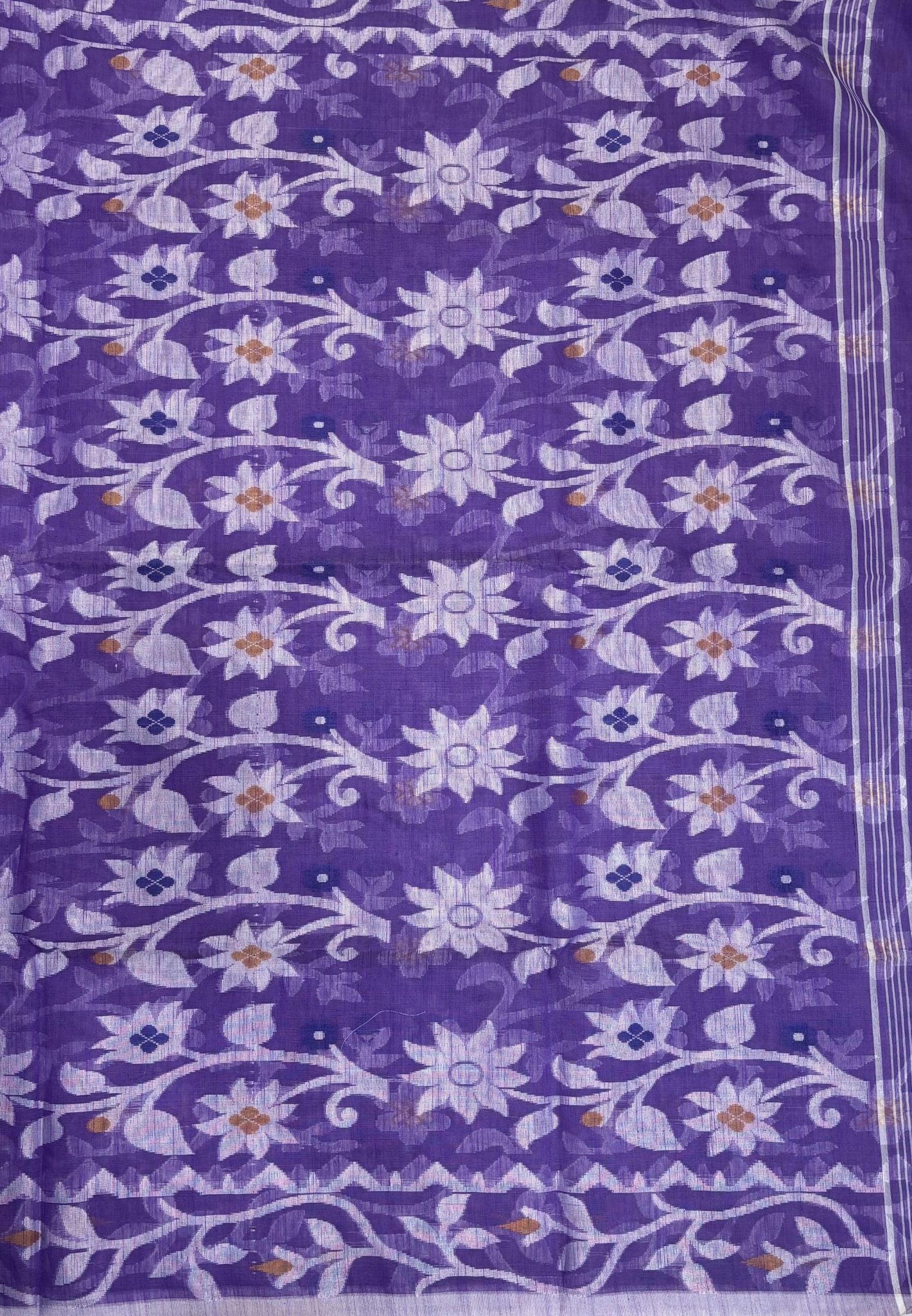 Dhakai Jamdhani Cotton Saree-Purple In Floral Vine Zari Border