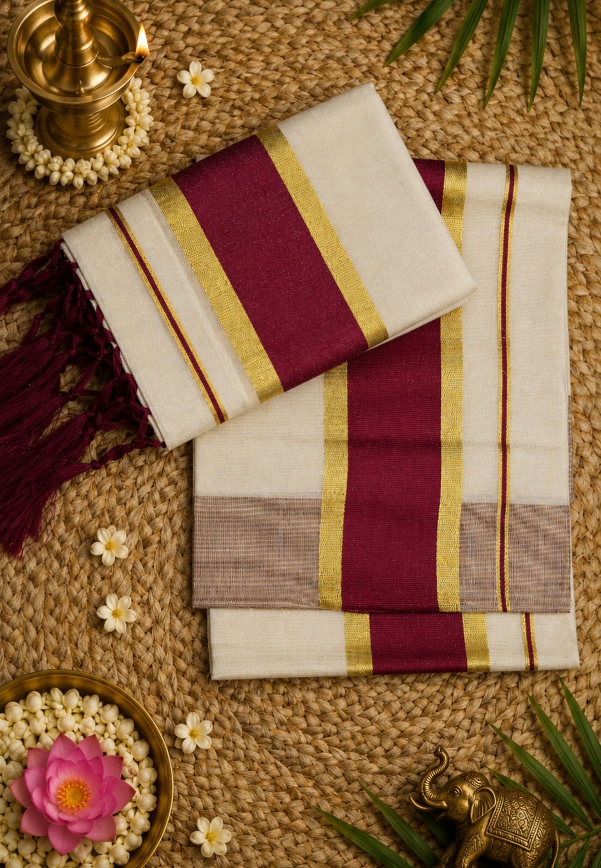 Tissue Set Mundu-Sandal - Maroon with Golden Zari Border