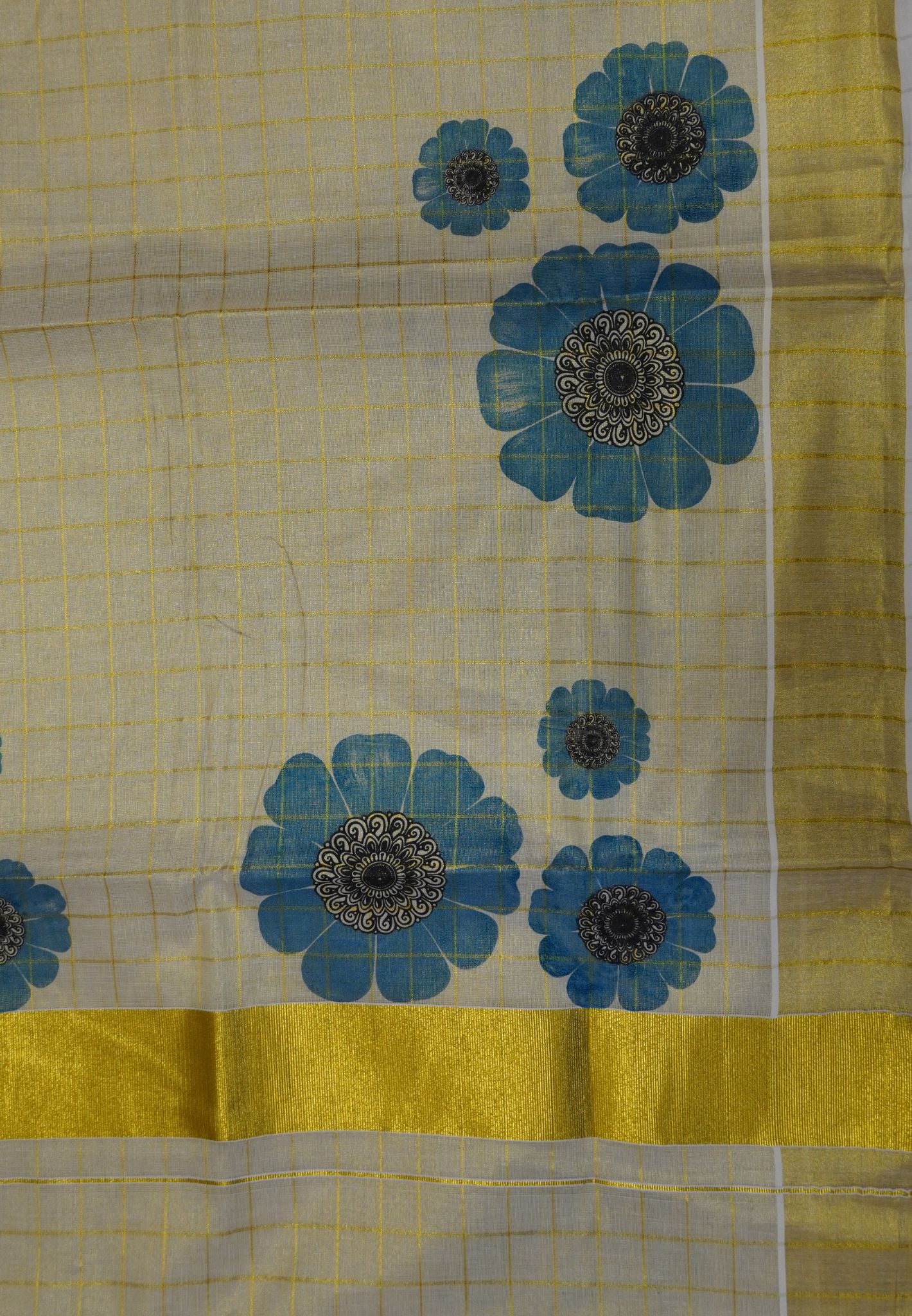 Tissue Saree ā Sandal with Golden Checks and Blue Floral Print