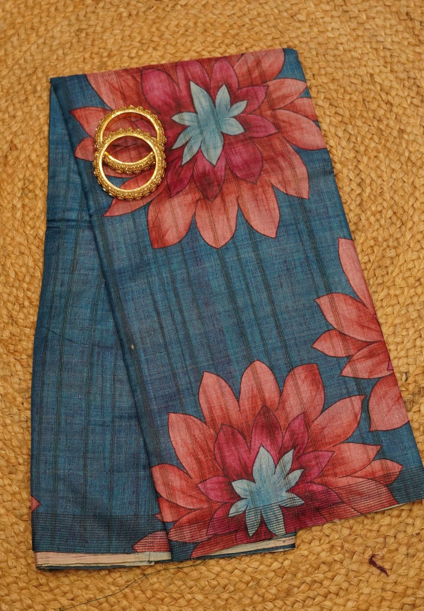Jute Tussar Saree-Blue