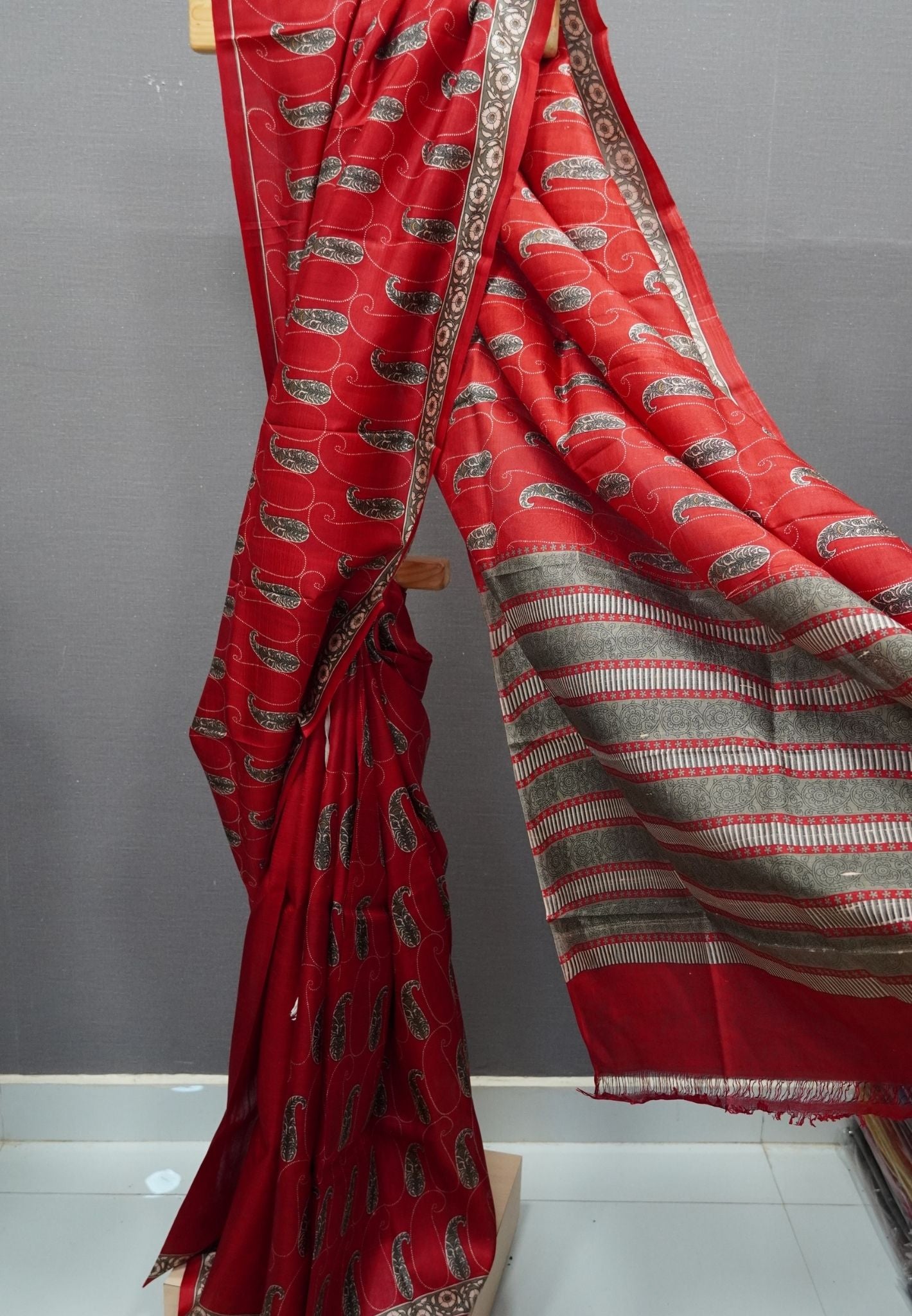 Pure Tussar Saree-Red with Floral Border