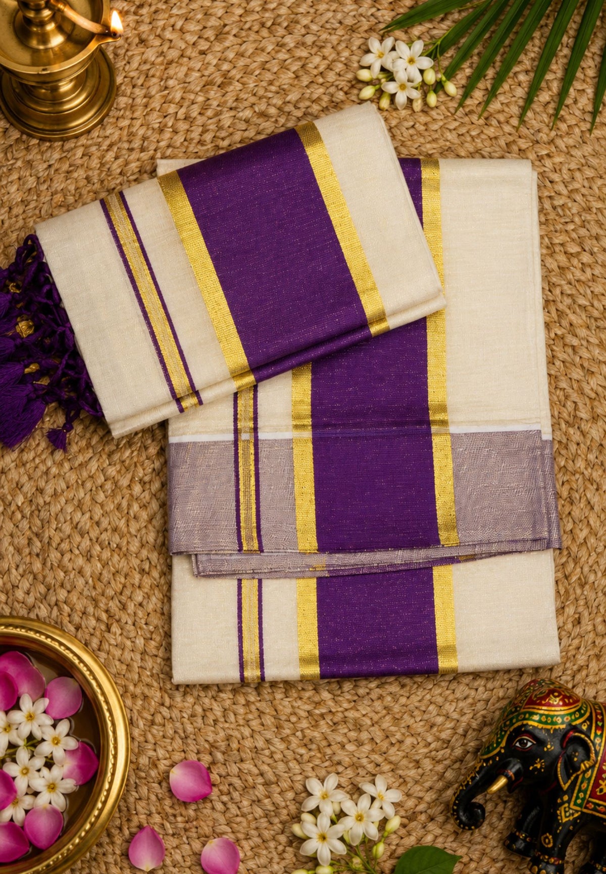Tissue Set Mundu-Sandal - Wine with Golden Zari Border