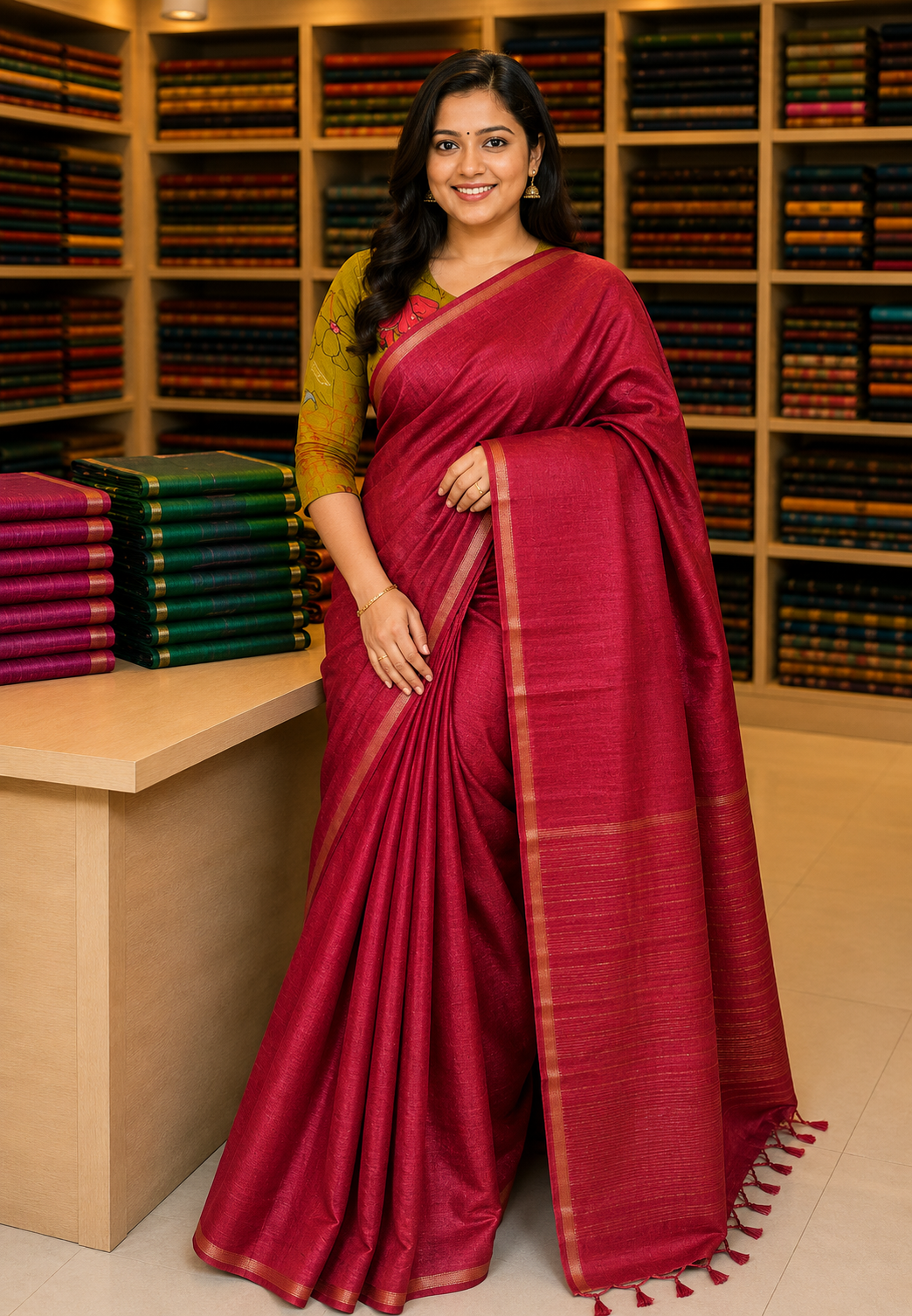 Matka Tussar Saree- Red with Small Border